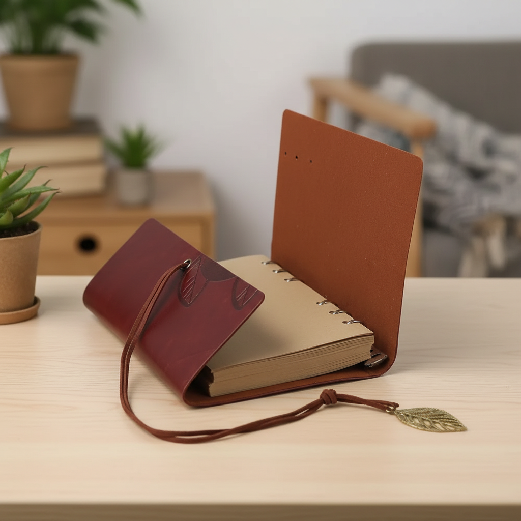 Kompaktes Ringbuch-Journal mit geprägeltem Blatt-Design und Anhängerverschluss