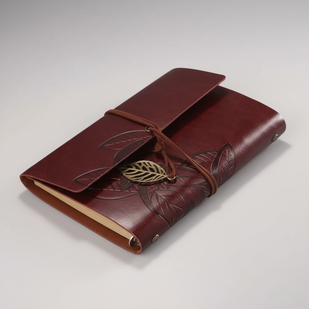 Kompaktes Ringbuch-Journal mit geprägeltem Blatt-Design und Anhängerverschluss