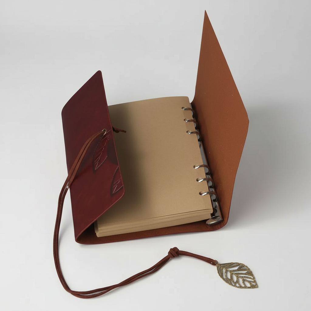 Kompaktes Ringbuch-Journal mit geprägeltem Blatt-Design und Anhängerverschluss