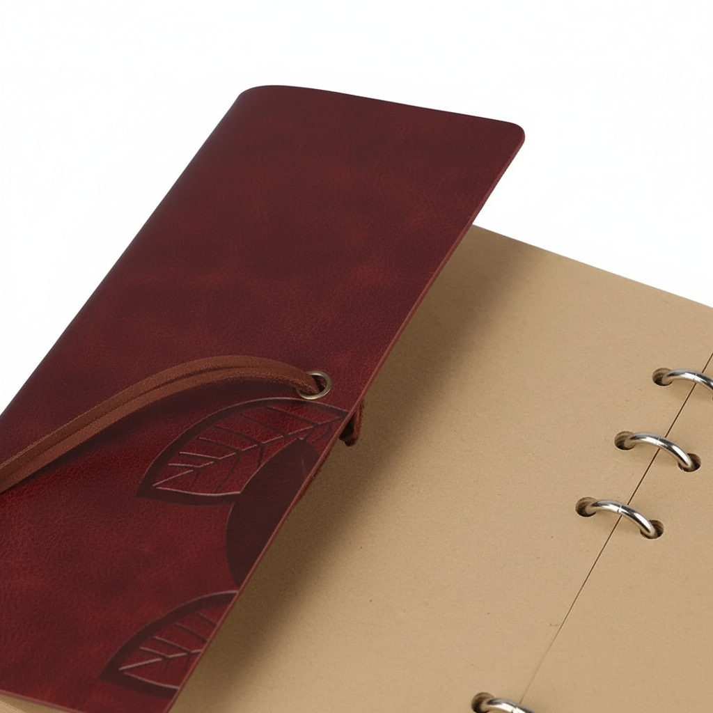 Kompaktes Ringbuch-Journal mit geprägeltem Blatt-Design und Anhängerverschluss