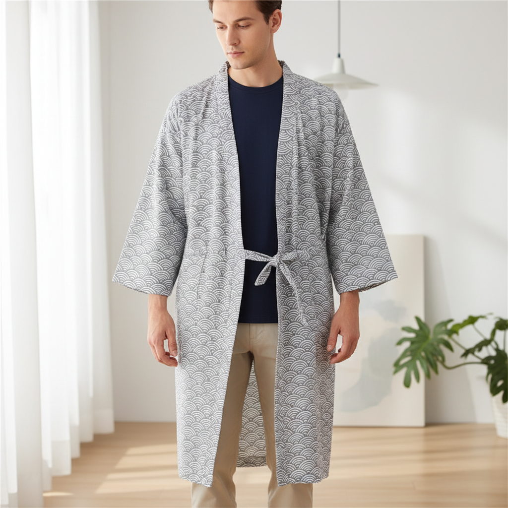 Lockerer Kimono-Bademantel mit V-Ausschnitt und geometrischem Muster
