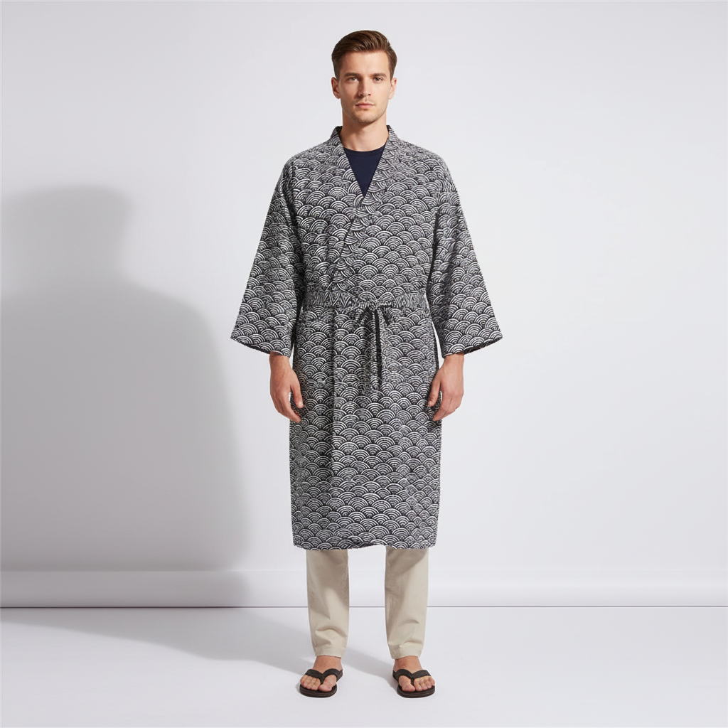Lockerer Kimono-Bademantel mit V-Ausschnitt und geometrischem Muster