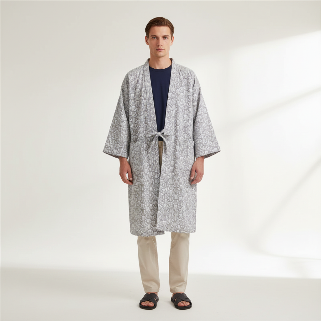 Lockerer Kimono-Bademantel mit V-Ausschnitt und geometrischem Muster