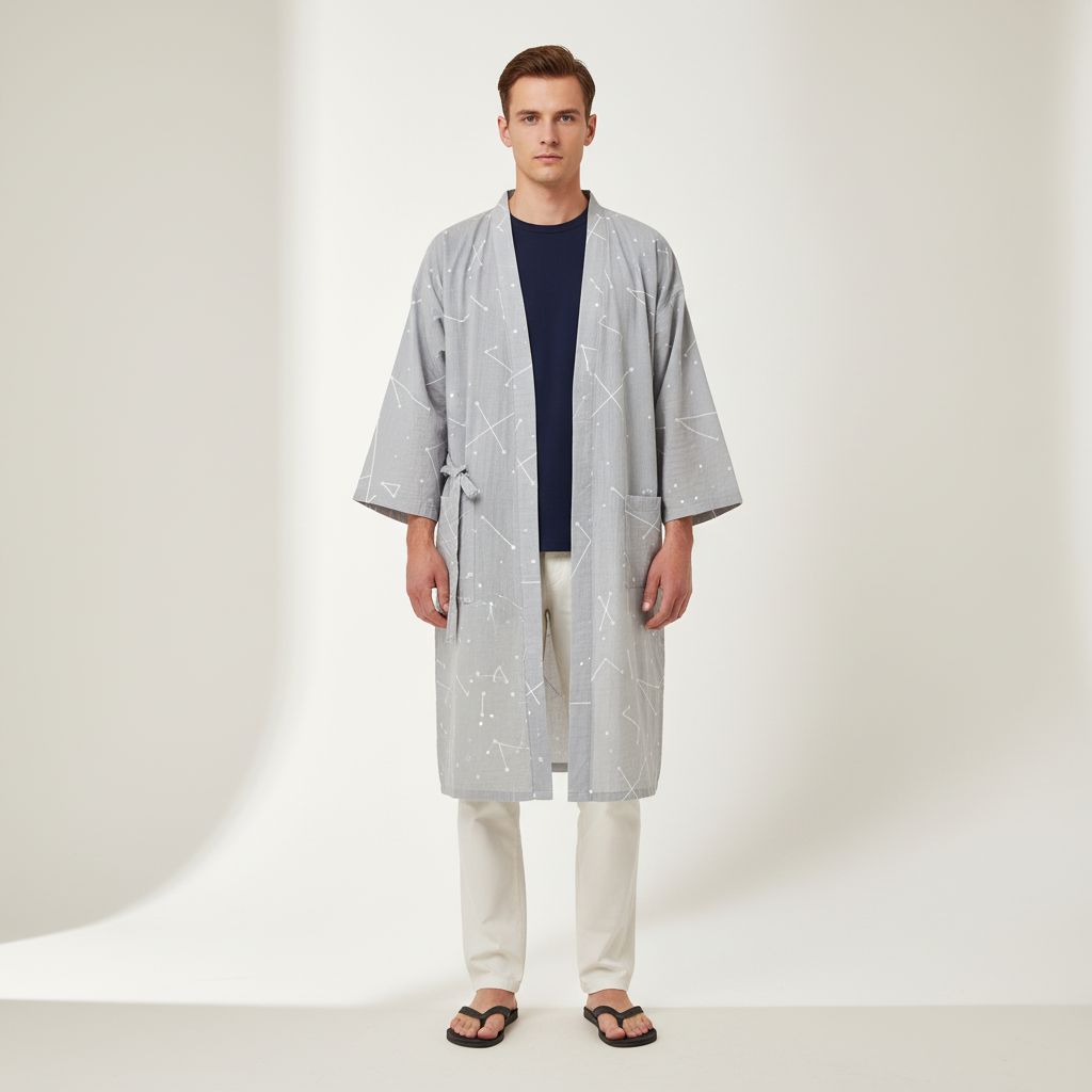 Lockerer Kimono-Bademantel mit V-Ausschnitt und geometrischem Muster