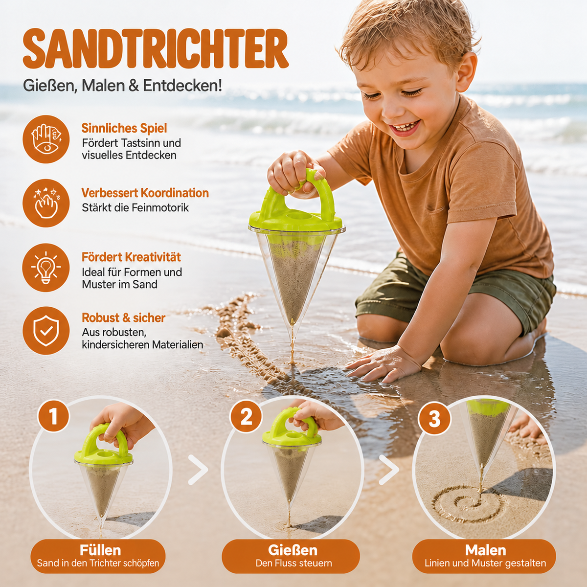 Nordspur | Kinder Strand Sand Trichter Spielzeug zum Zeichnen und Gießen