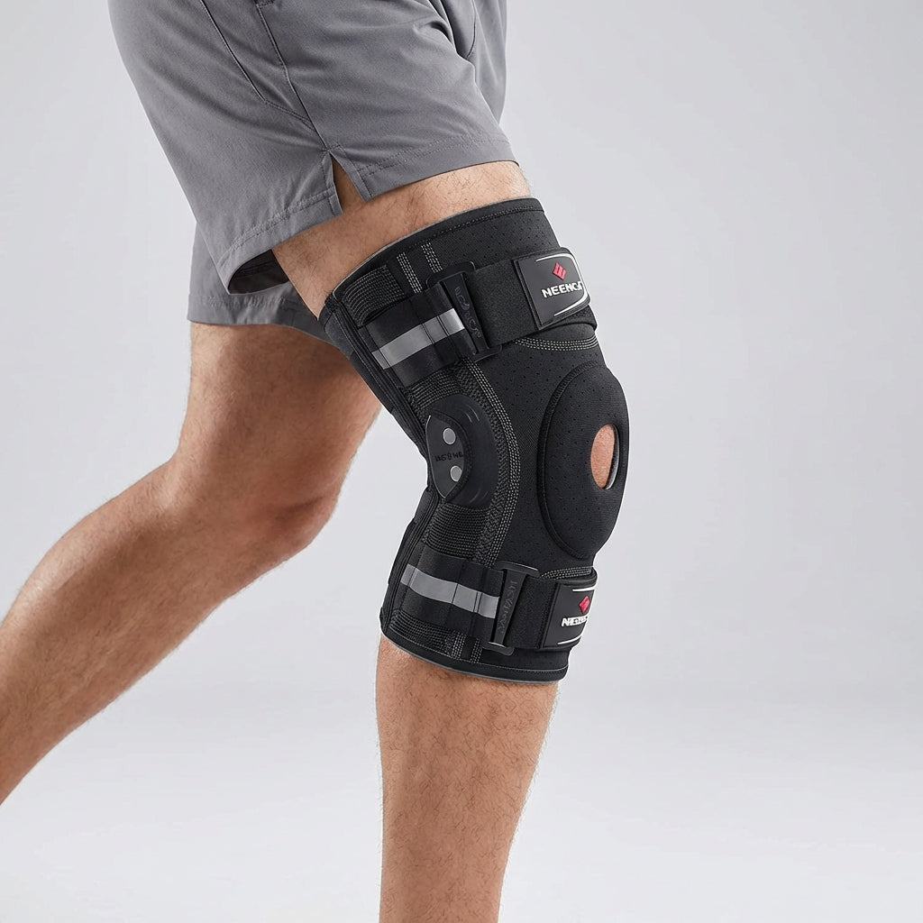 Knieorthese mit Gelenken, Seitenstabilisatoren und offener Patella für Stabilität
