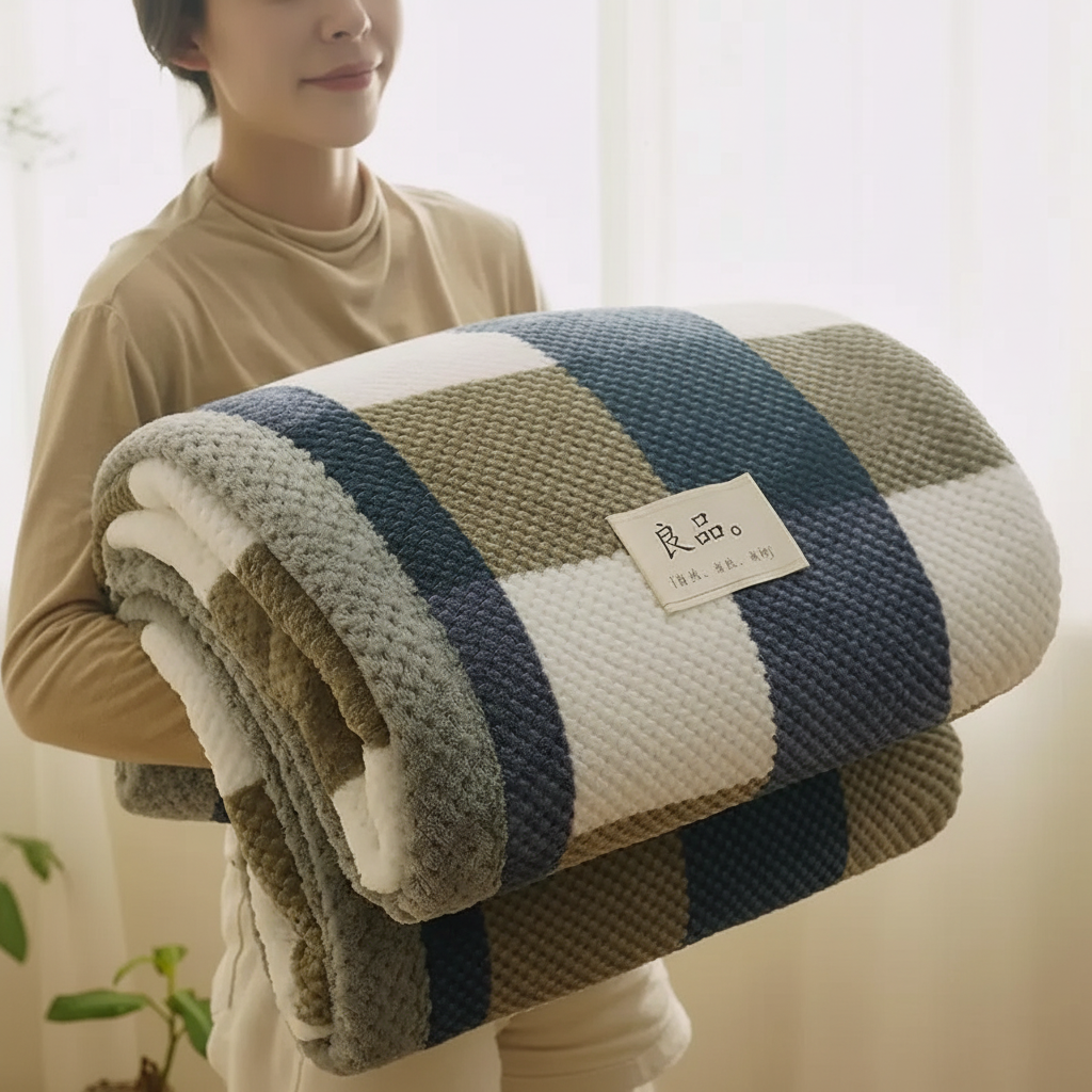 Gestrickte Chenille-Wurfdecke mit Karomuster und Korallenvlies-Rückseite