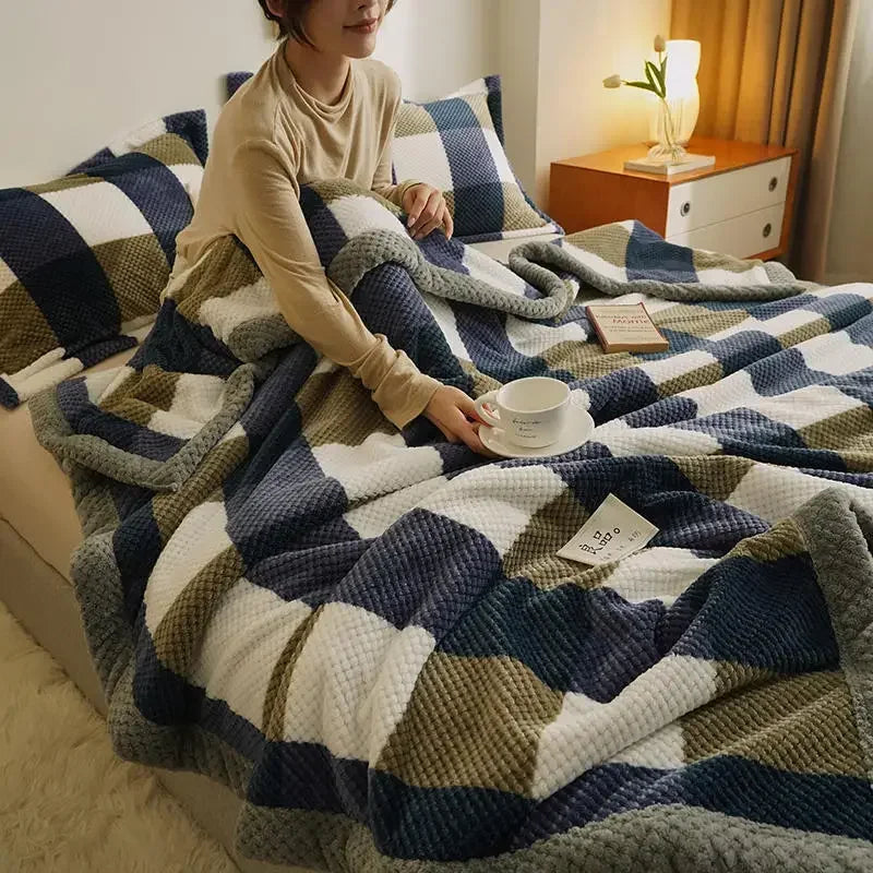 Gestrickte Chenille-Wurfdecke mit Karomuster und Korallenvlies-Rückseite