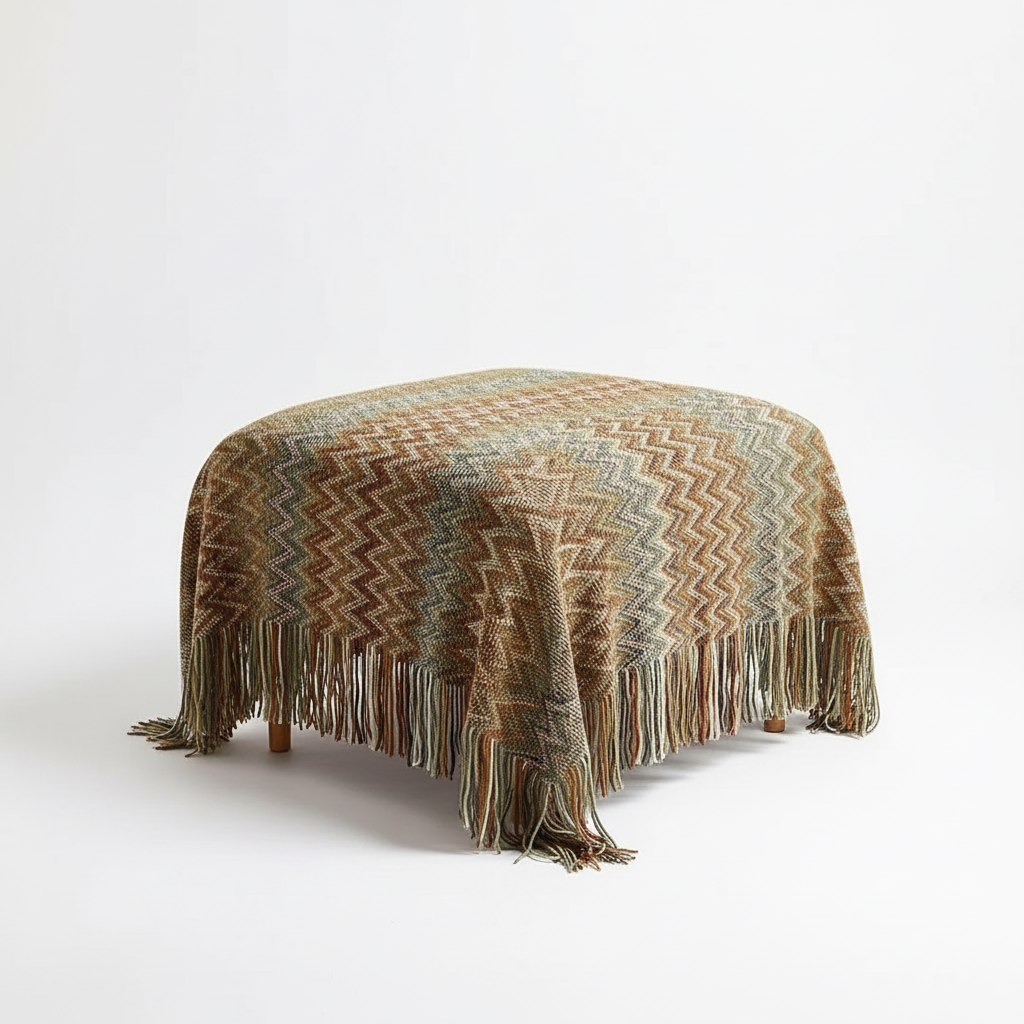 Gestrickte Wurfdecke mit geometrischem Azteken-Muster und Fransen