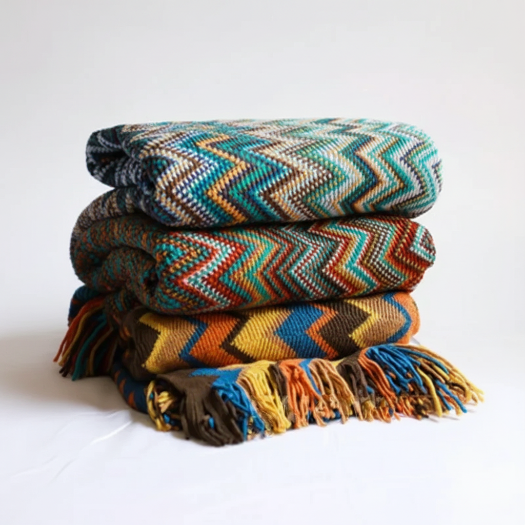 Gestrickte Wurfdecke mit geometrischem Azteken-Muster und Fransen