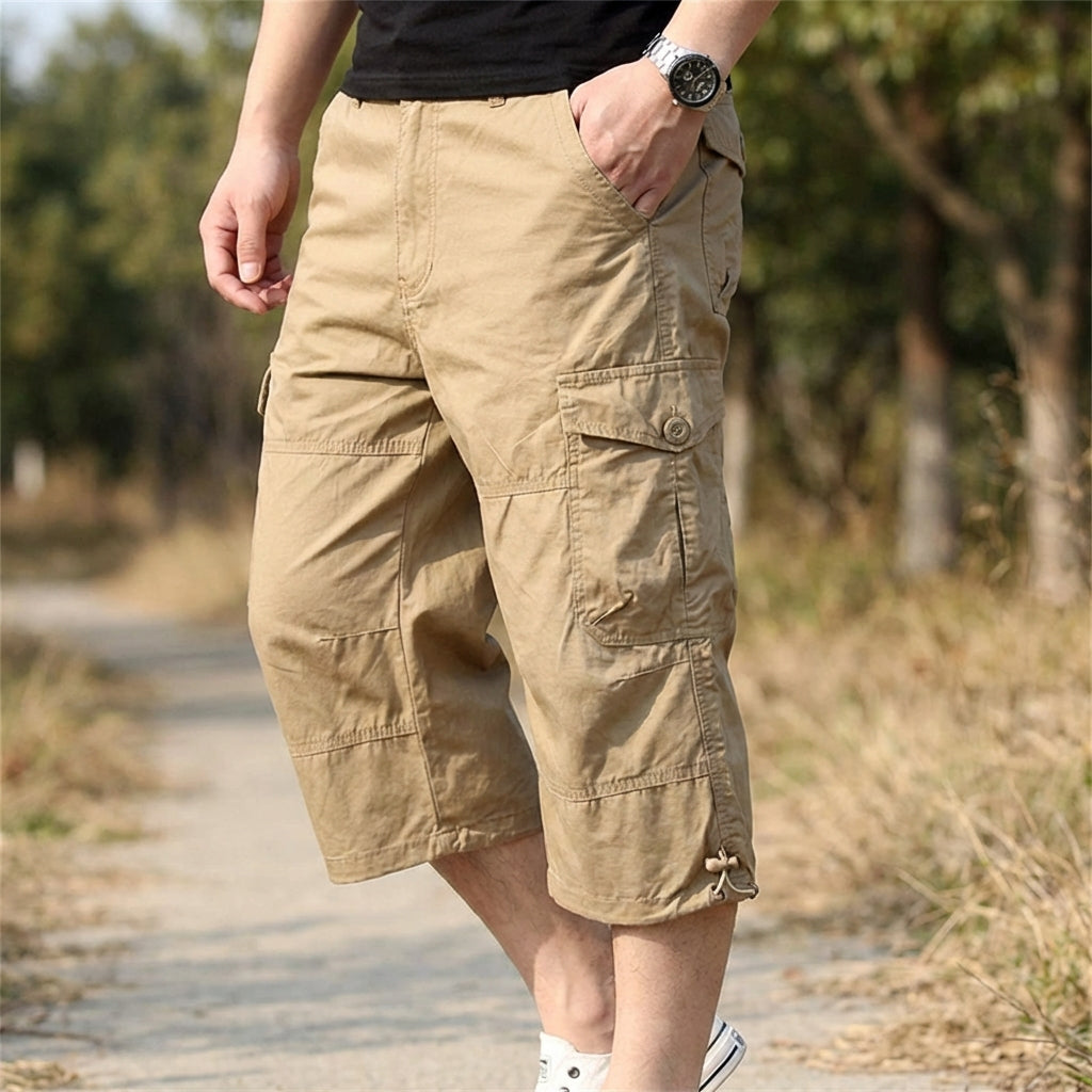 Lange Cargo-Shorts Caprilänge mit mehreren Taschen elastischer Bund