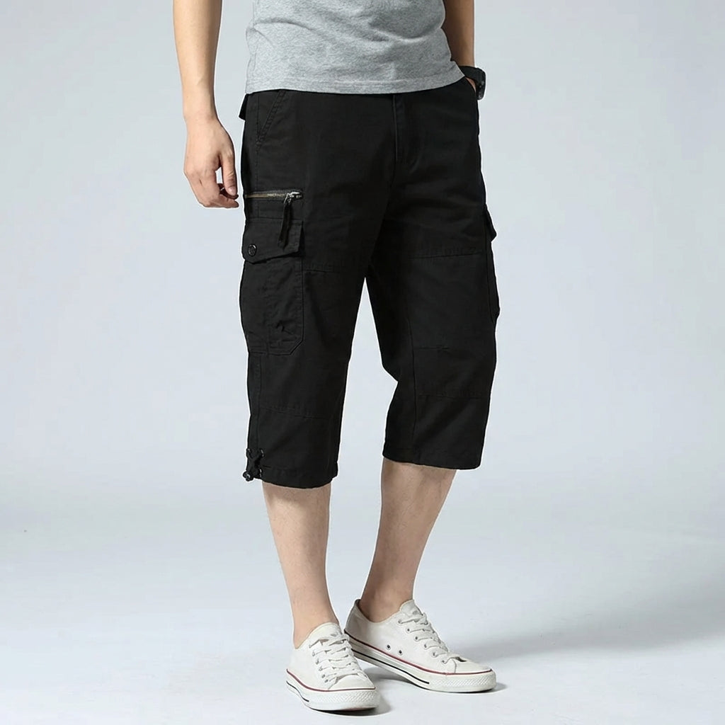Lange Cargo-Shorts Caprilänge mit mehreren Taschen elastischer Bund