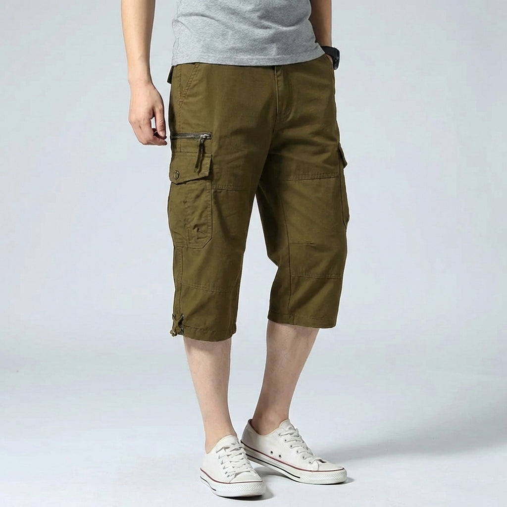 Lange Cargo-Shorts Caprilänge mit mehreren Taschen elastischer Bund
