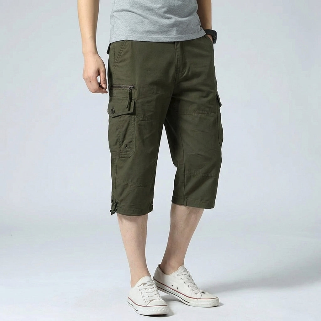 Lange Cargo-Shorts Caprilänge mit mehreren Taschen elastischer Bund