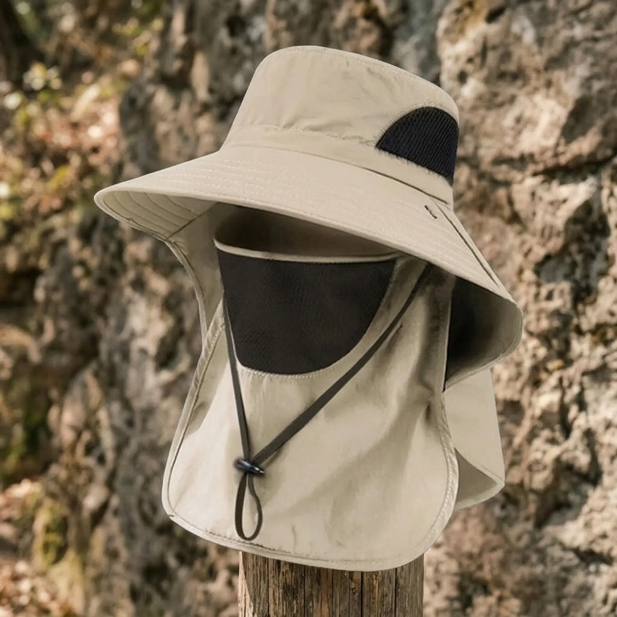 Breitrandiger Sonnenhut mit Nackenklappen und Mesh-Belüftung für Wandern