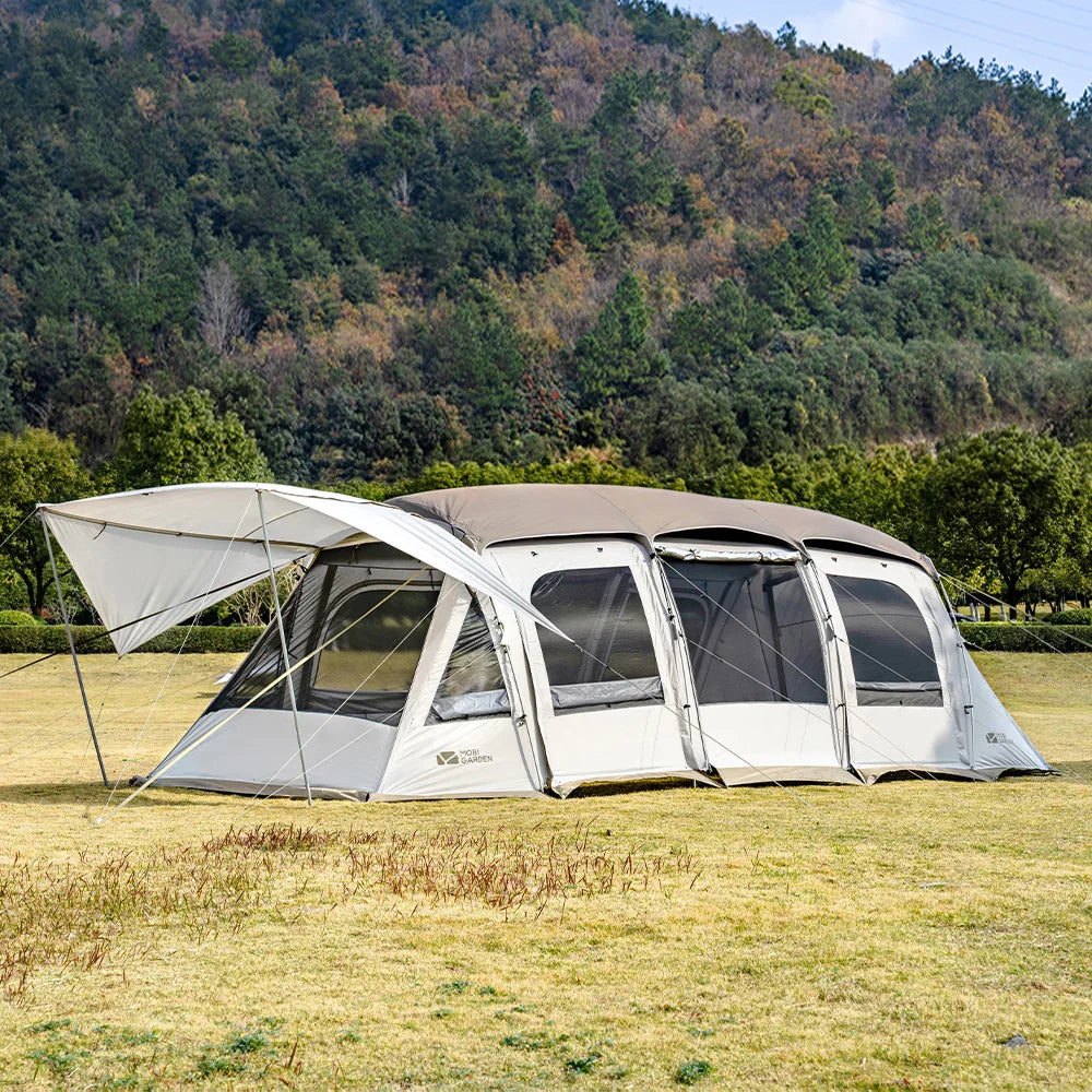 Geräumiges Tunnelzelt für Familien-Camping mit großem Gemeinschaftsbereich