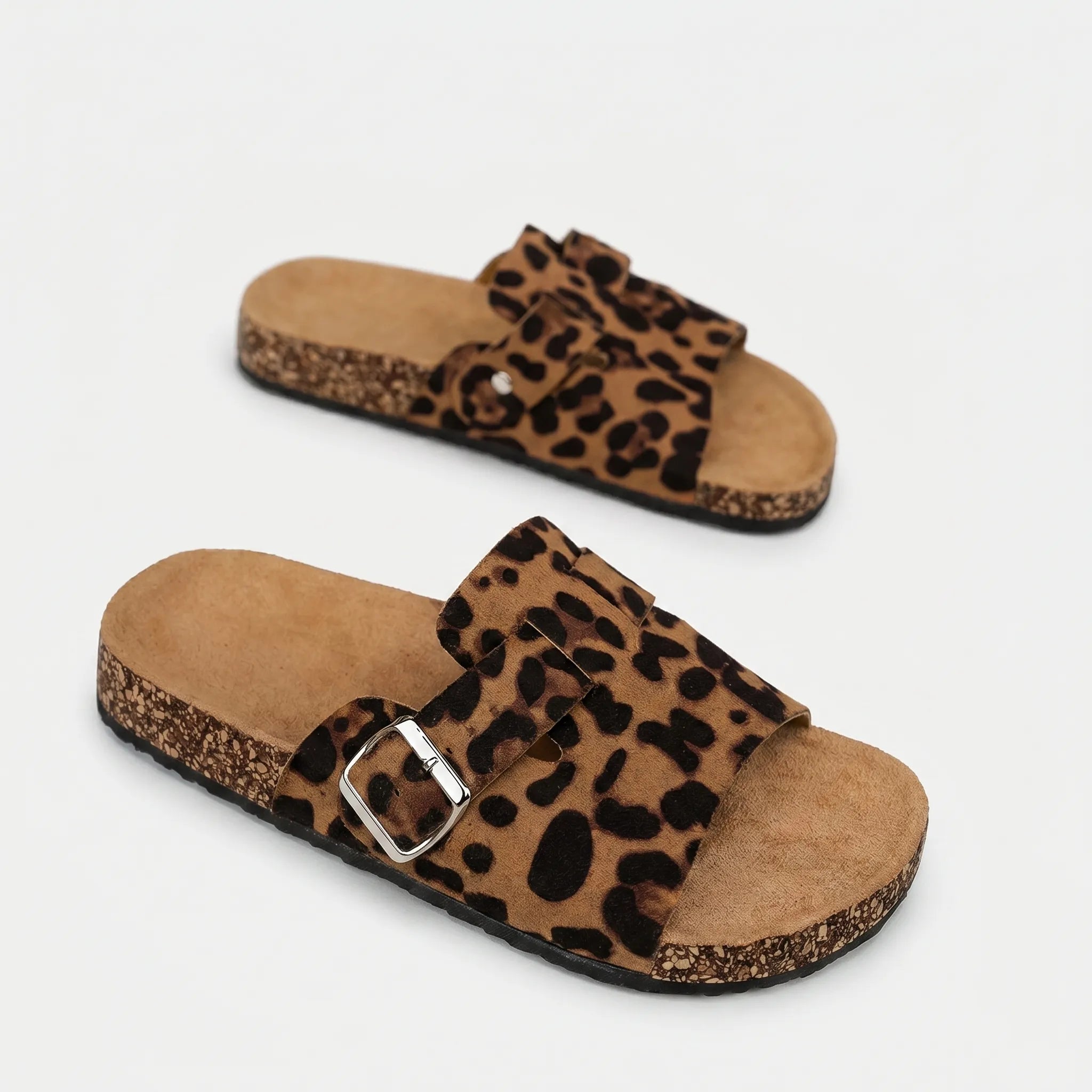 Leopardenmuster-Pantoletten mit verstellbarem Riemen und flacher Sohle
