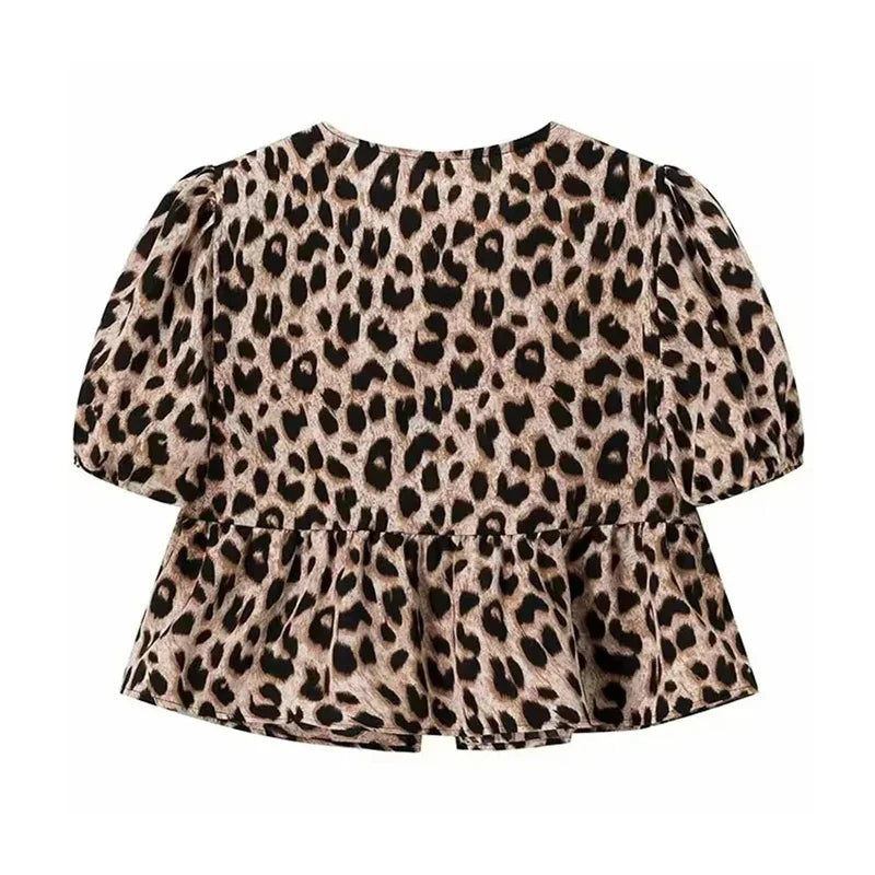Leopardenmuster Crop Top geraffter Silhouette Puffärmel Rüschensaum