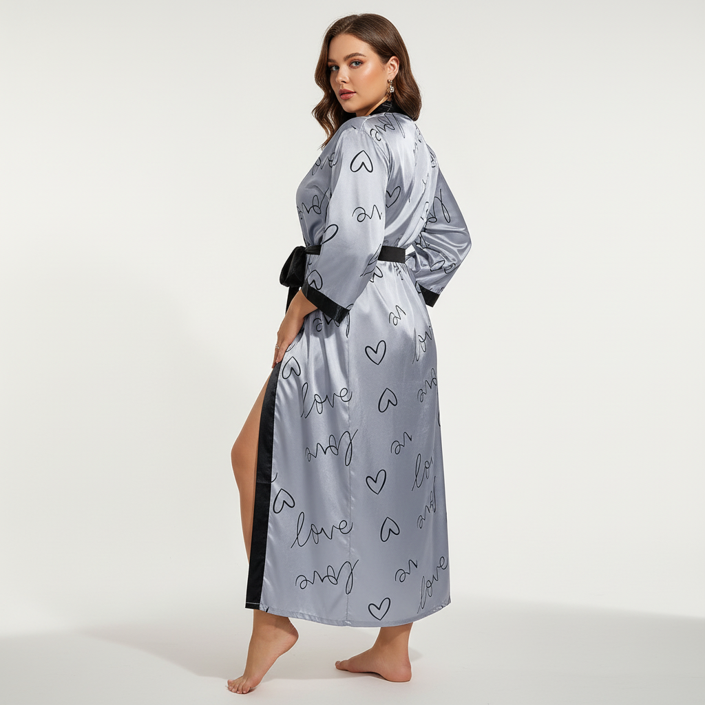 Übergrößen-Kimono-Bademantel mit Leopardenmuster, knöchellang
