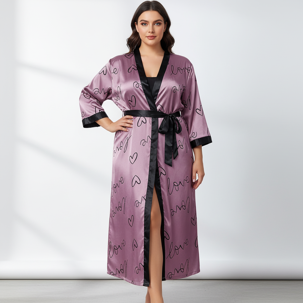 Übergrößen-Kimono-Bademantel mit Leopardenmuster, knöchellang