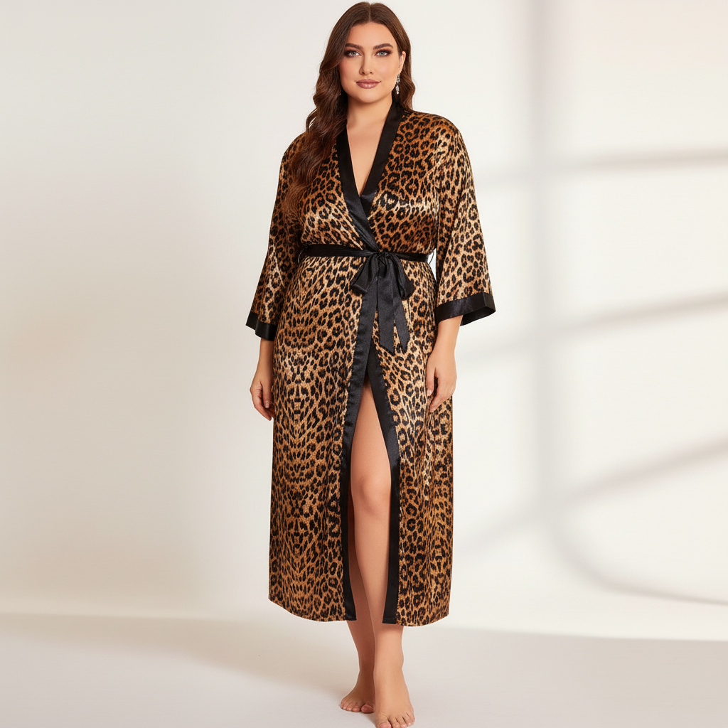 Übergrößen-Kimono-Bademantel mit Leopardenmuster, knöchellang