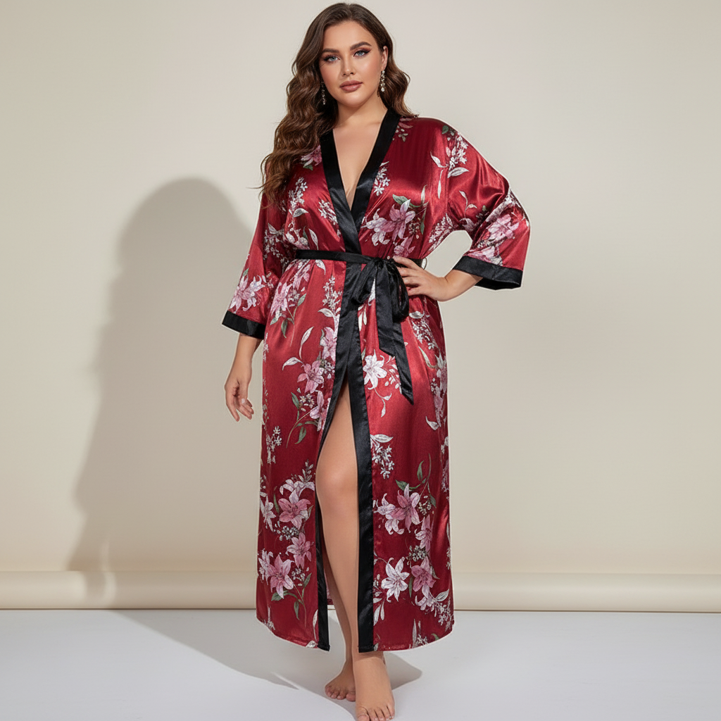 Übergrößen-Kimono-Bademantel mit Leopardenmuster, knöchellang