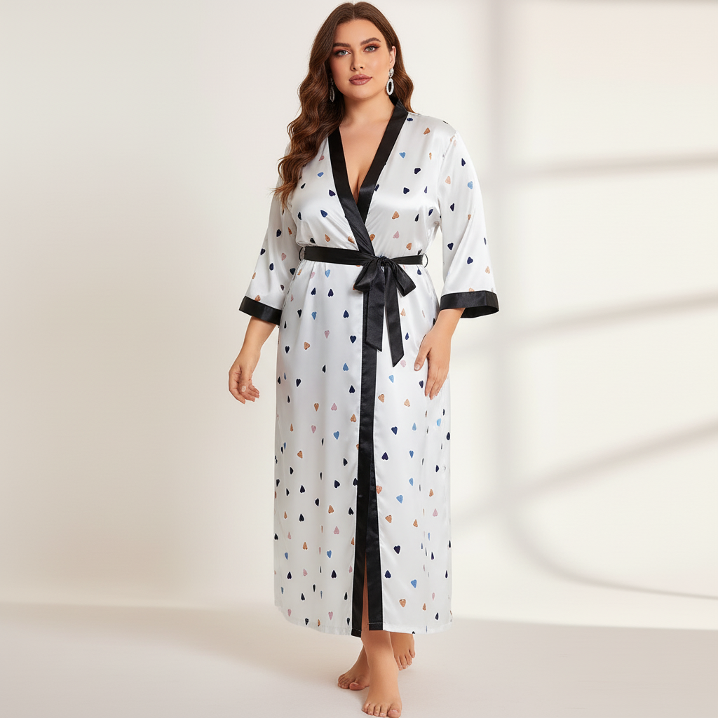 Übergrößen-Kimono-Bademantel mit Leopardenmuster, knöchellang