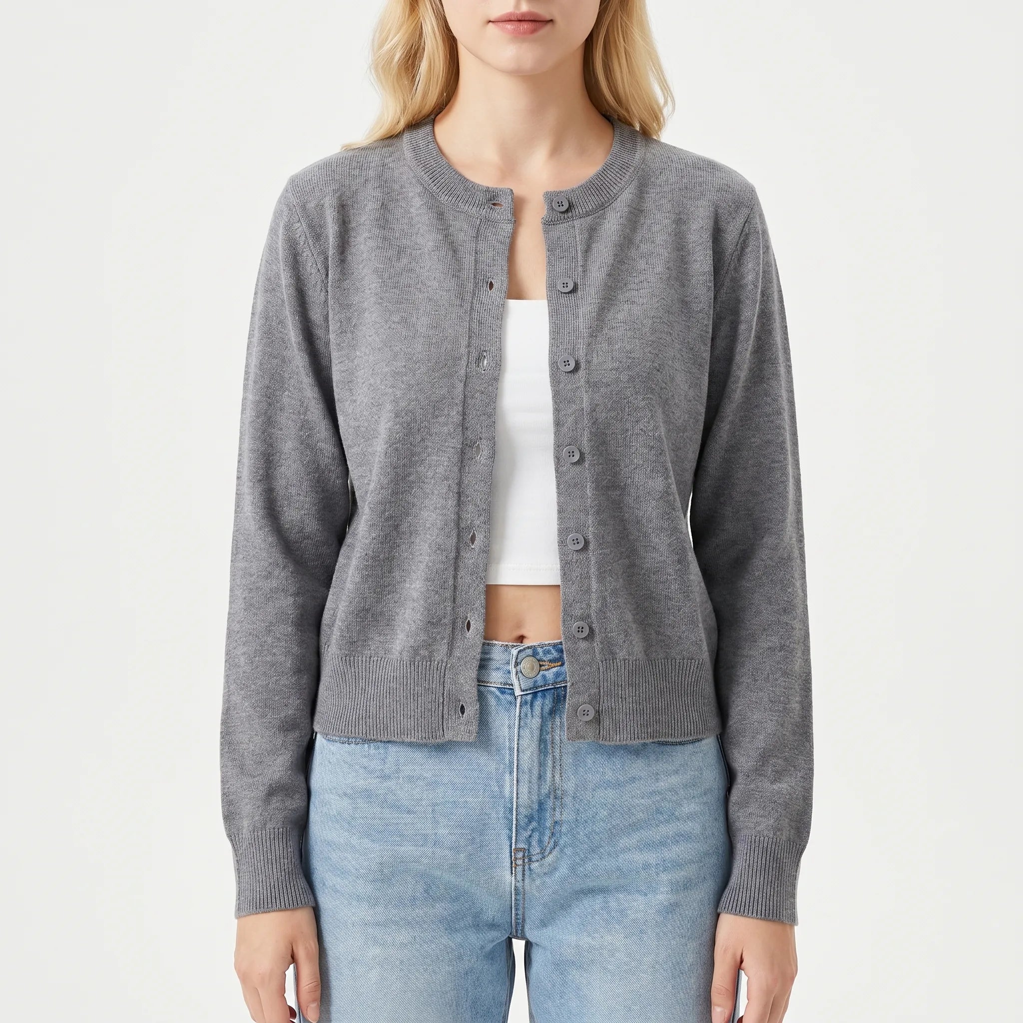 Damen-Strickjacke mit Langarm, Rundhalsausschnitt und gerippten Manschetten