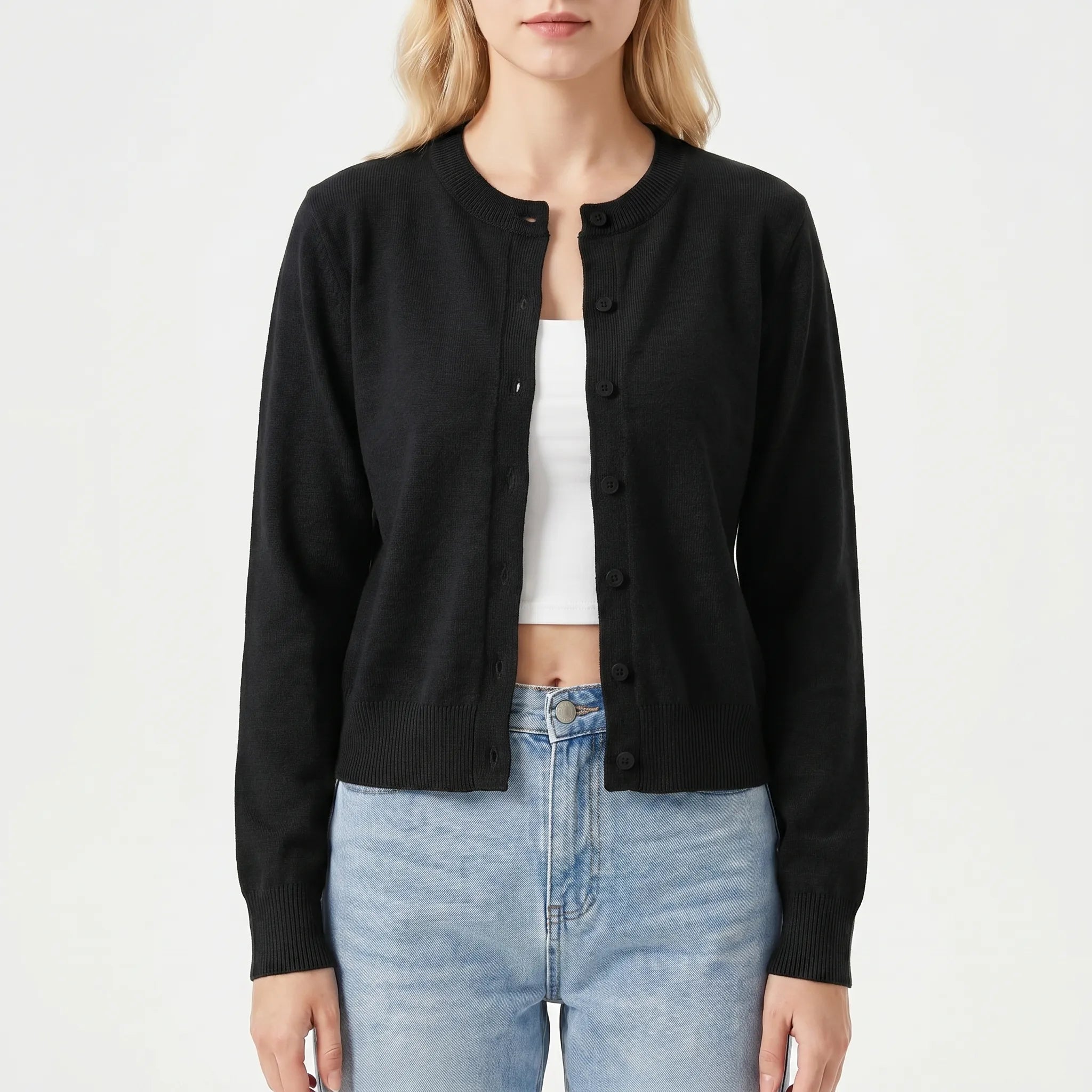 Damen-Strickjacke mit Langarm, Rundhalsausschnitt und gerippten Manschetten
