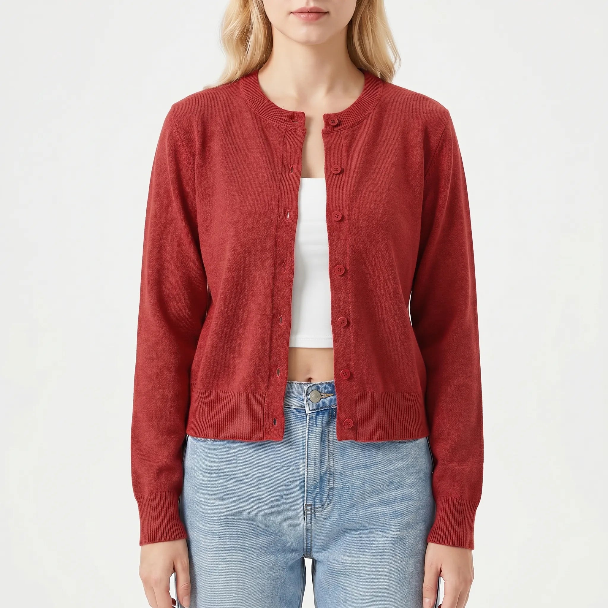 Damen-Strickjacke mit Langarm, Rundhalsausschnitt und gerippten Manschetten