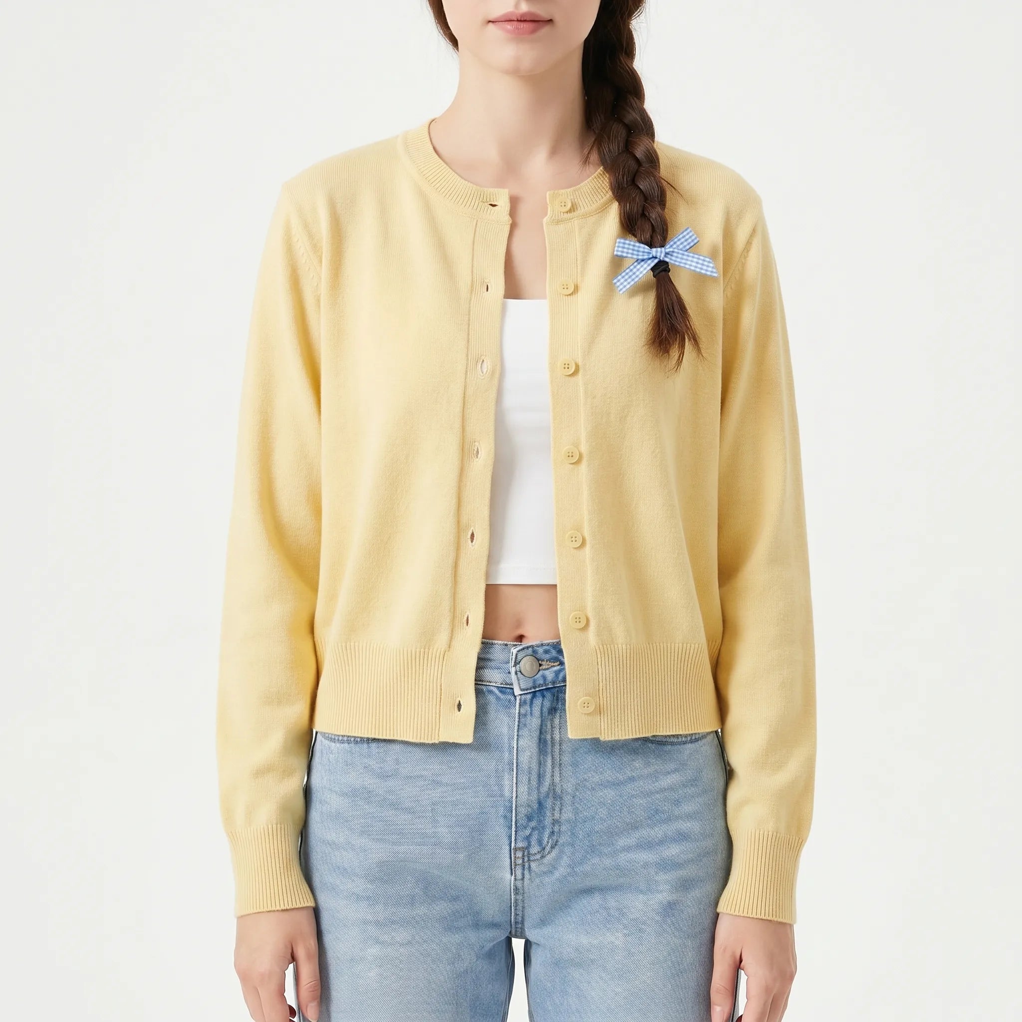 Damen-Strickjacke mit Langarm, Rundhalsausschnitt und gerippten Manschetten