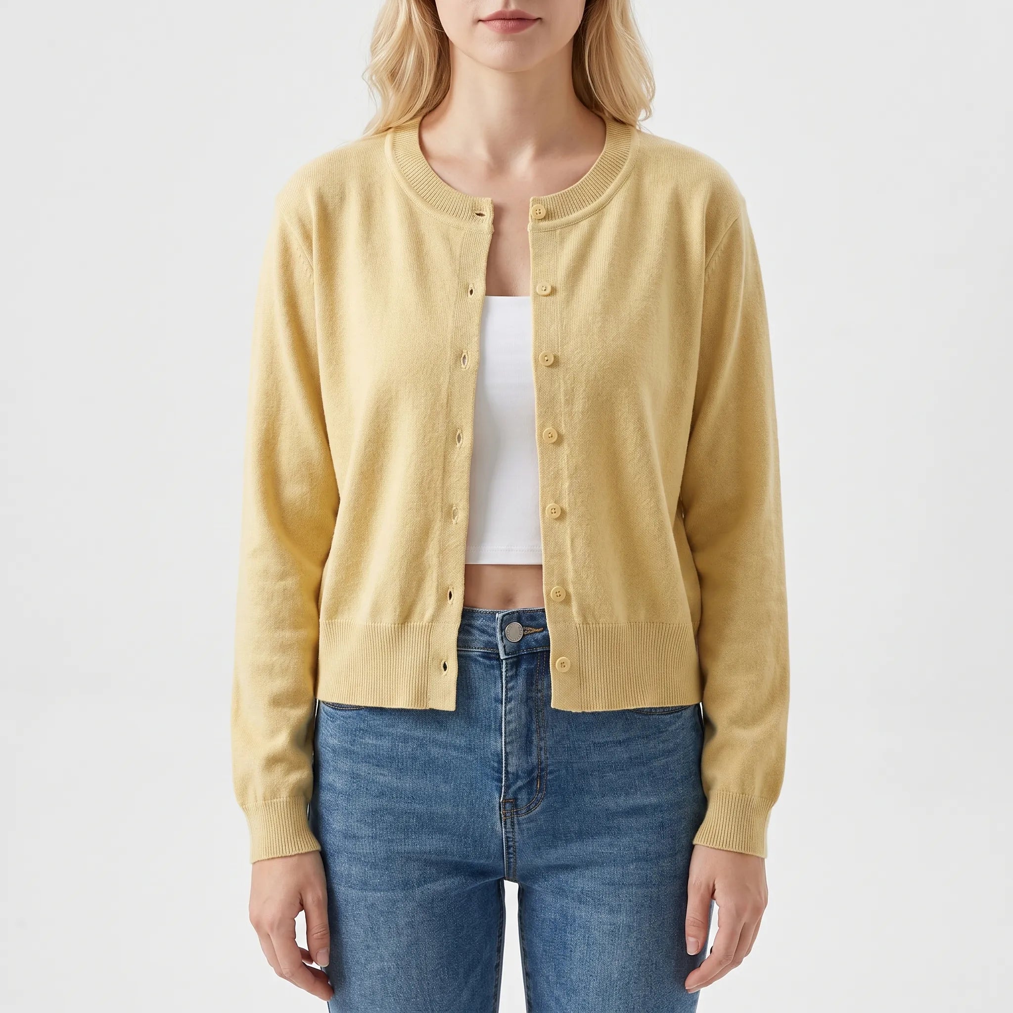 Damen-Strickjacke mit Langarm, Rundhalsausschnitt und gerippten Manschetten