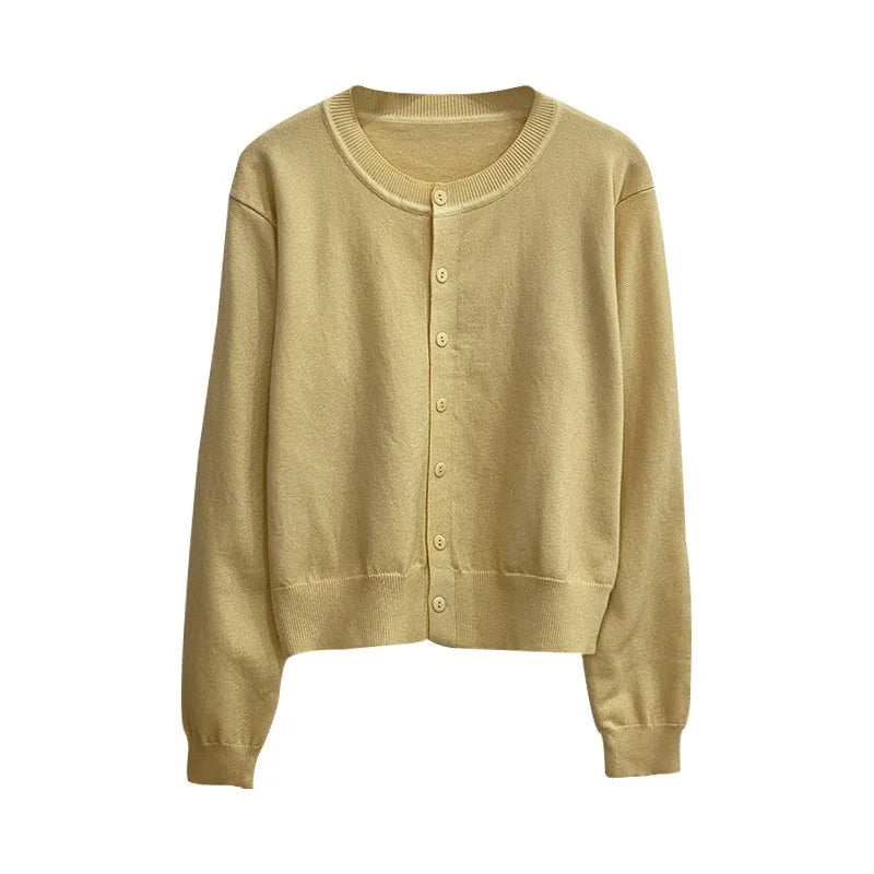 Damen-Strickjacke mit Langarm, Rundhalsausschnitt und gerippten Manschetten