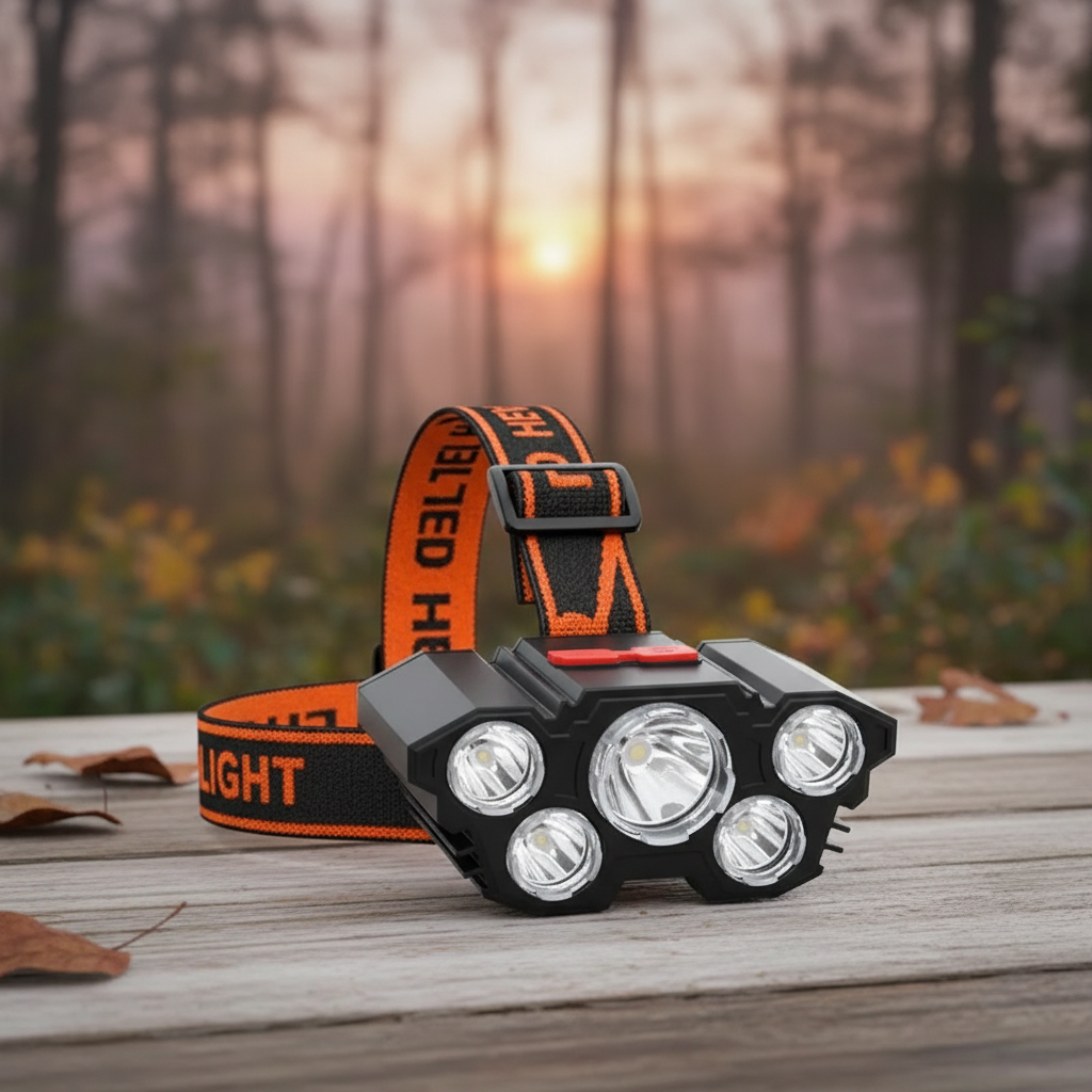 Wiederaufladbare LED-Stirnlampe wasserdicht mit 5 LEDs verstellbarer Kopfriemen