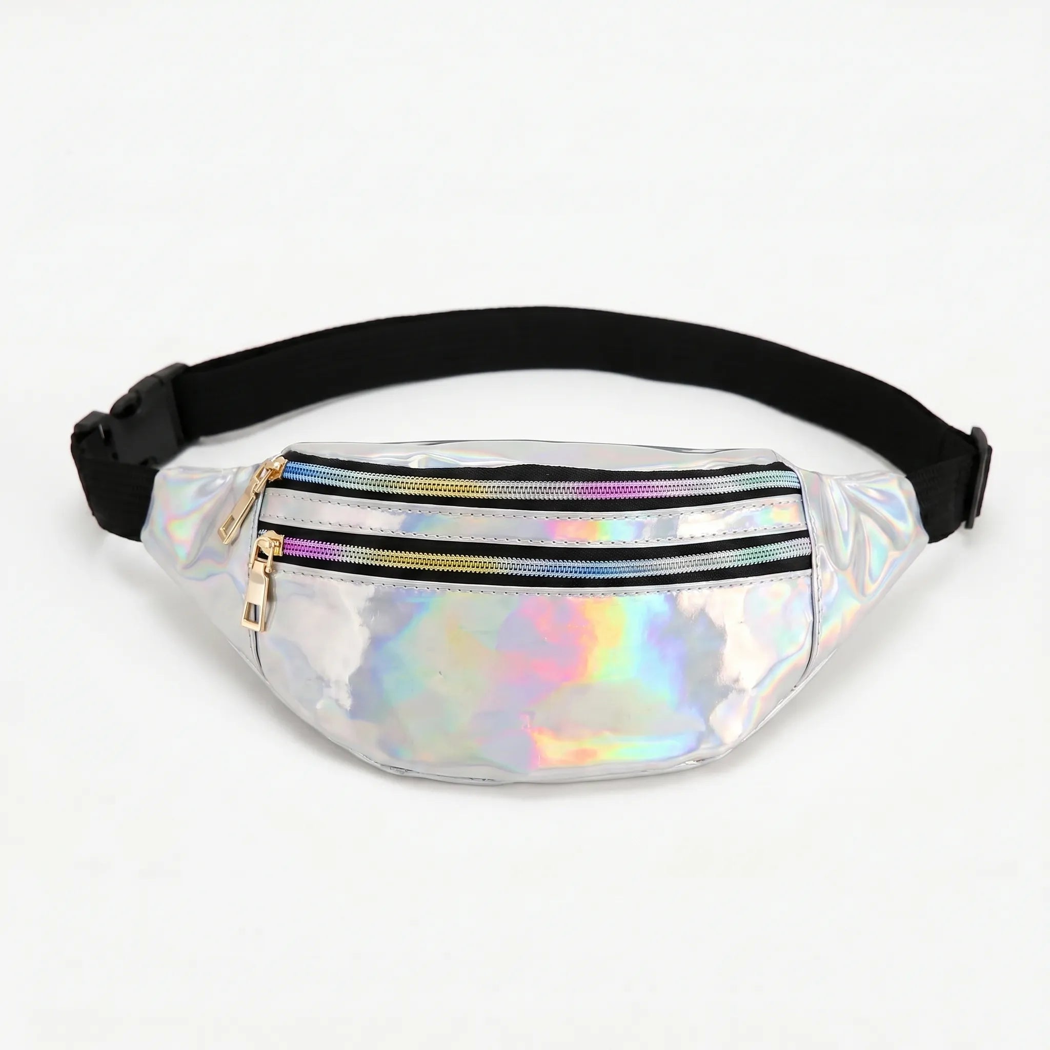 Holographische Hüfttasche mit irisierendem Glanz und Reißverschlussfächern