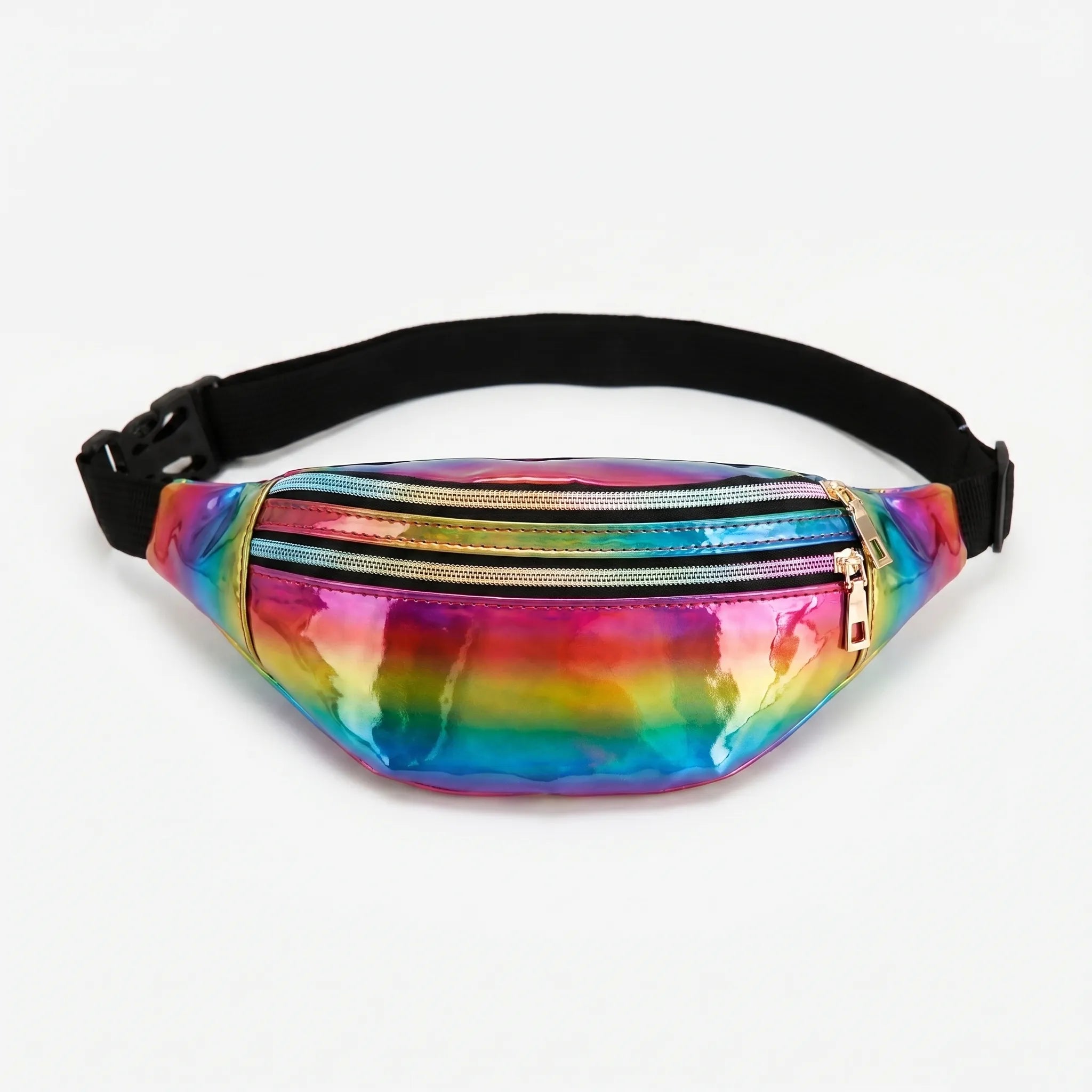 Holographische Hüfttasche mit irisierendem Glanz und Reißverschlussfächern