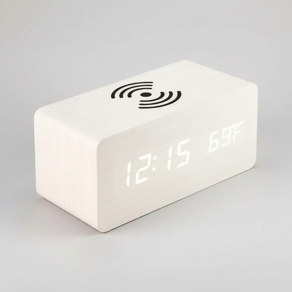 Holzwecker mit LED-Display, Wireless-Ladefunktion und Temperaturanzeige