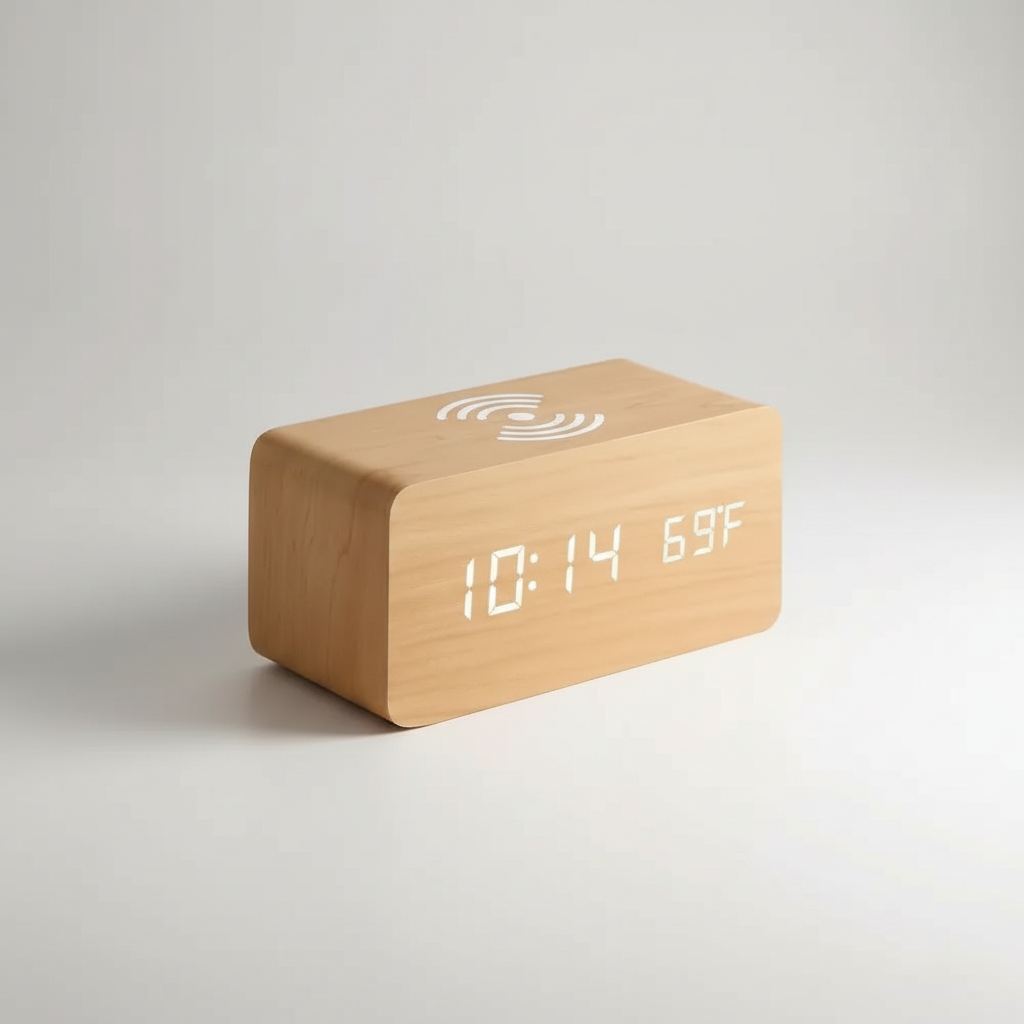 Holzwecker mit LED-Display, Wireless-Ladefunktion und Temperaturanzeige
