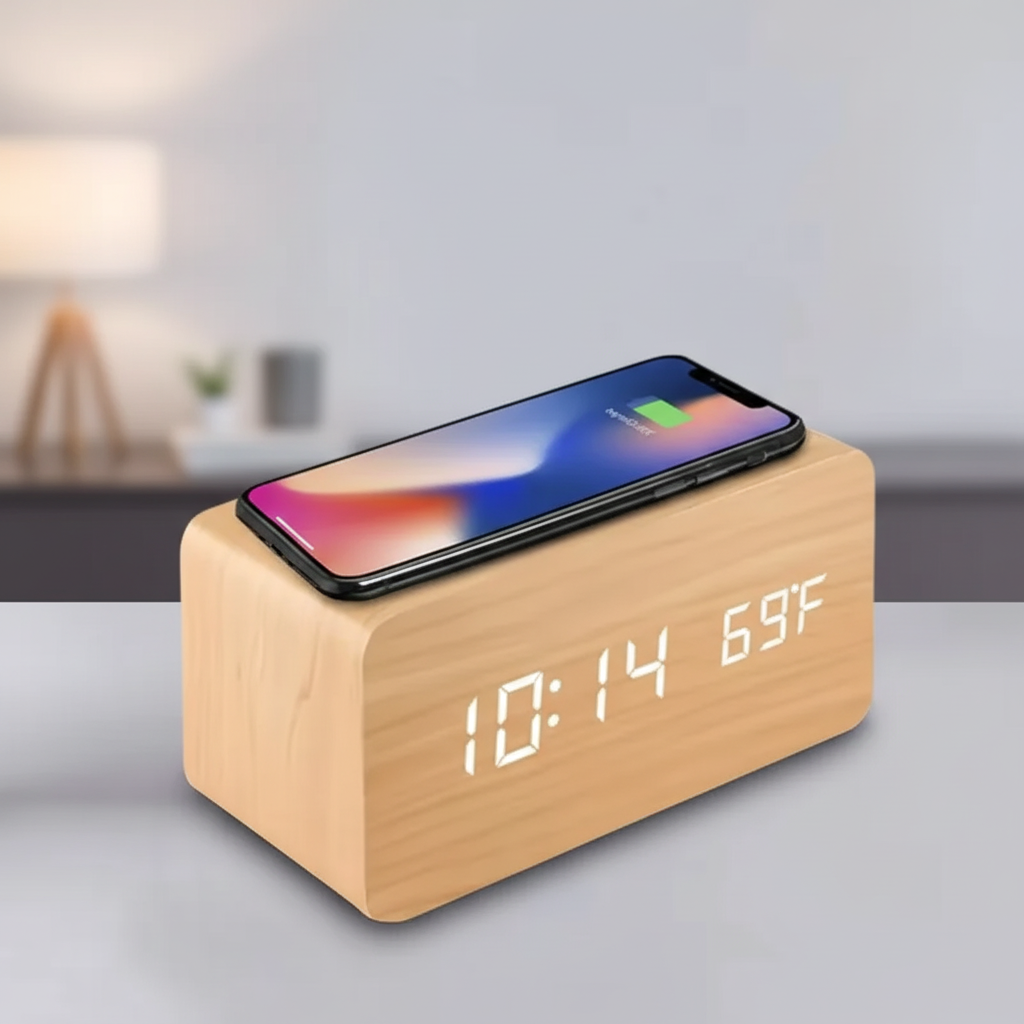 Holzwecker mit LED-Display, Wireless-Ladefunktion und Temperaturanzeige