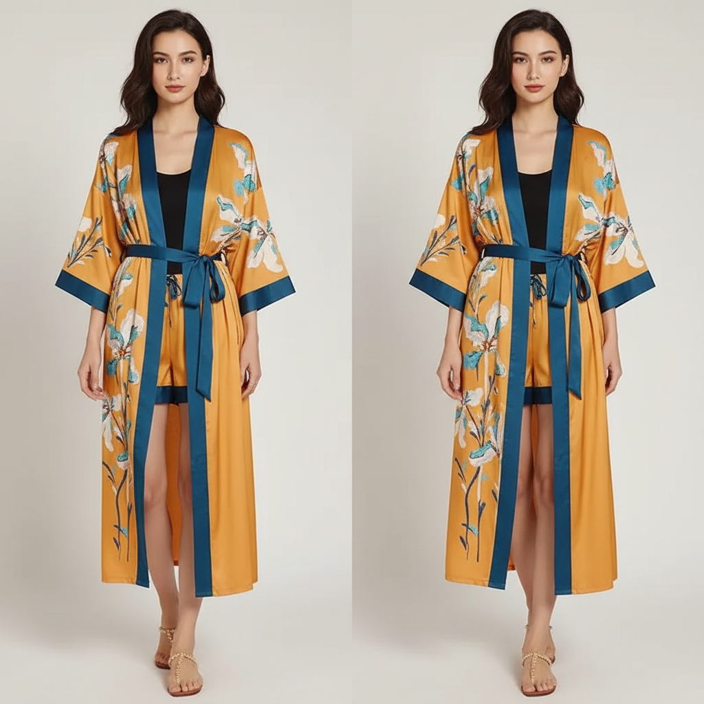 Langer floraler Kimono-Bademantel mit Dreiviertelsärmeln