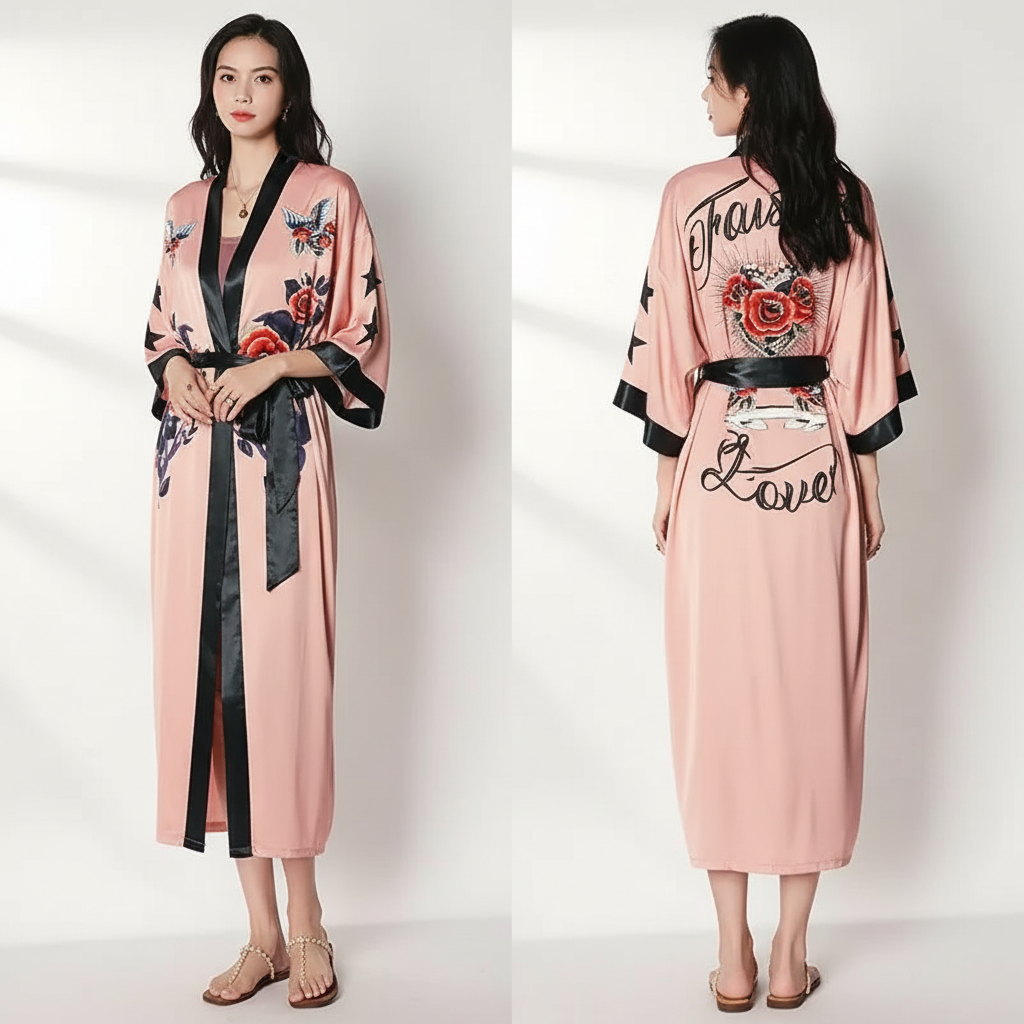 Langer floraler Kimono-Bademantel mit Dreiviertelsärmeln