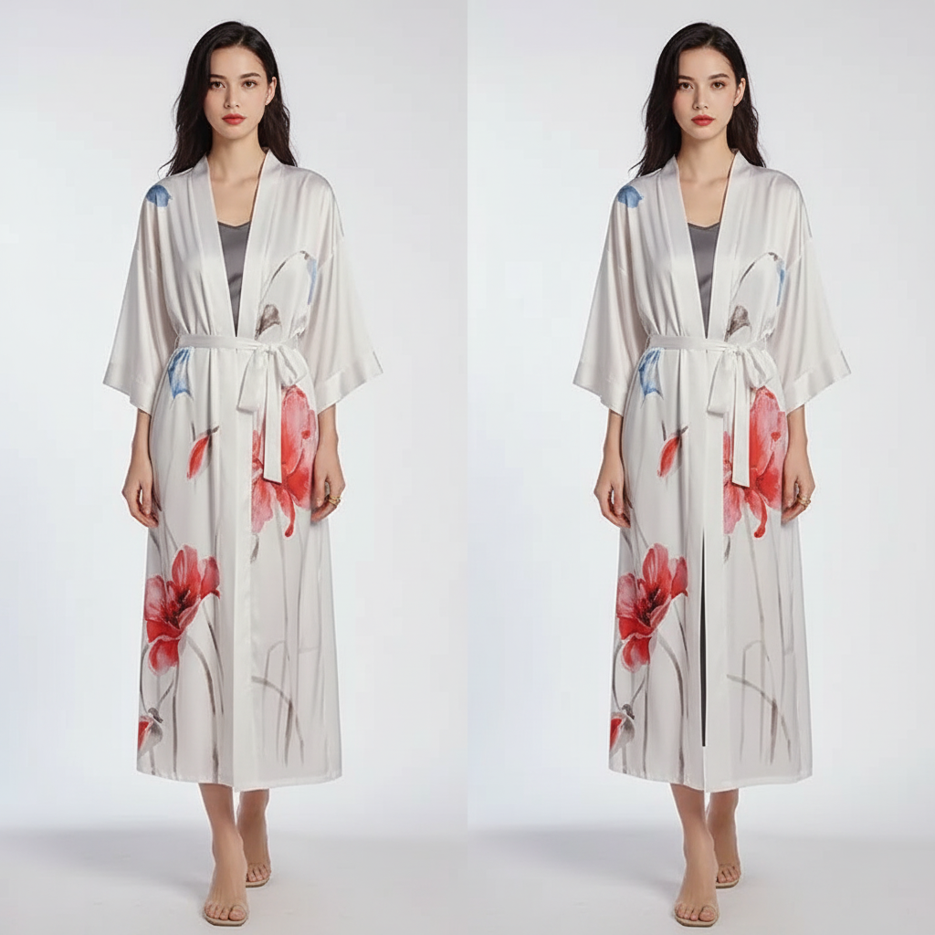 Langer floraler Kimono-Bademantel mit Dreiviertelsärmeln