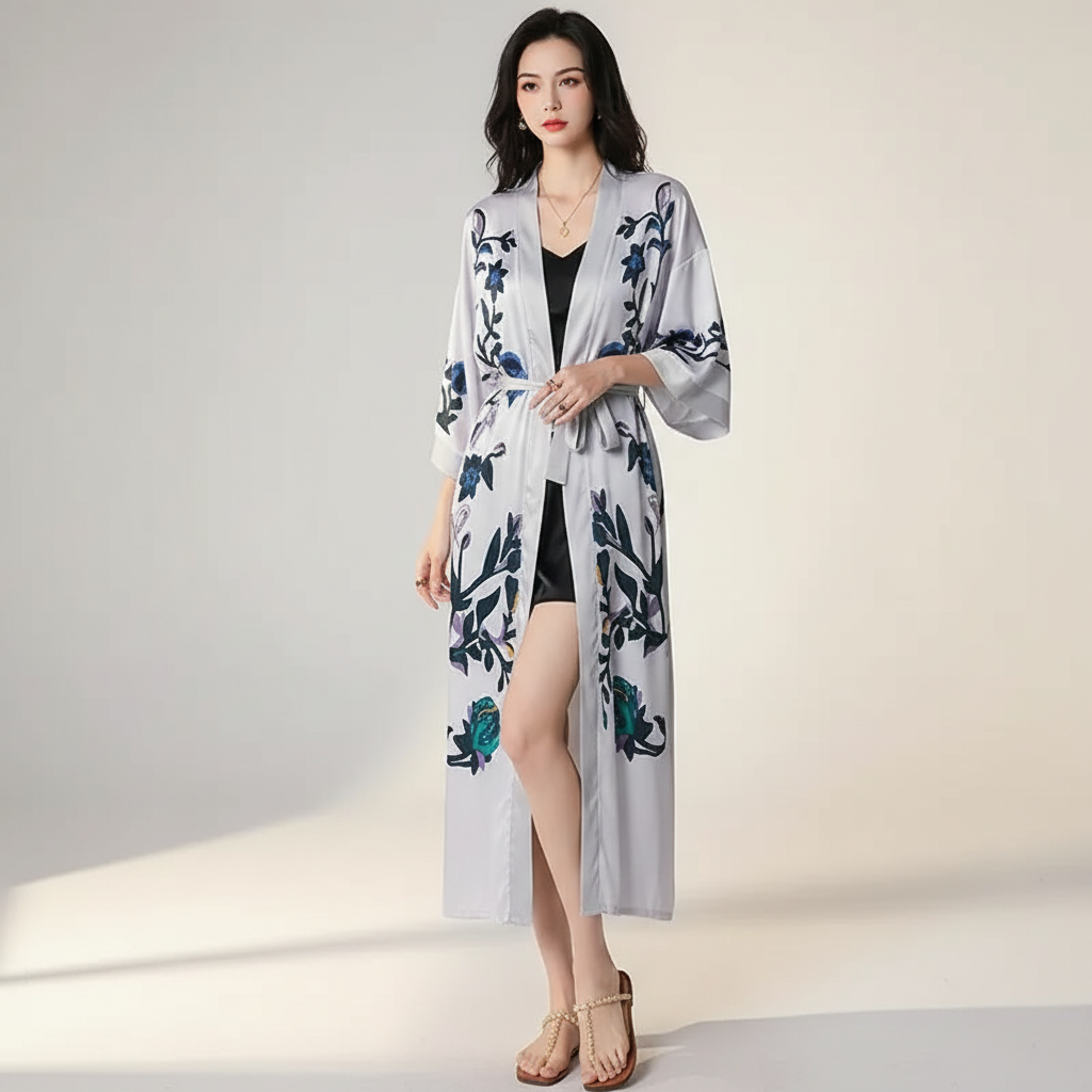 Langer floraler Kimono-Bademantel mit Dreiviertelsärmeln