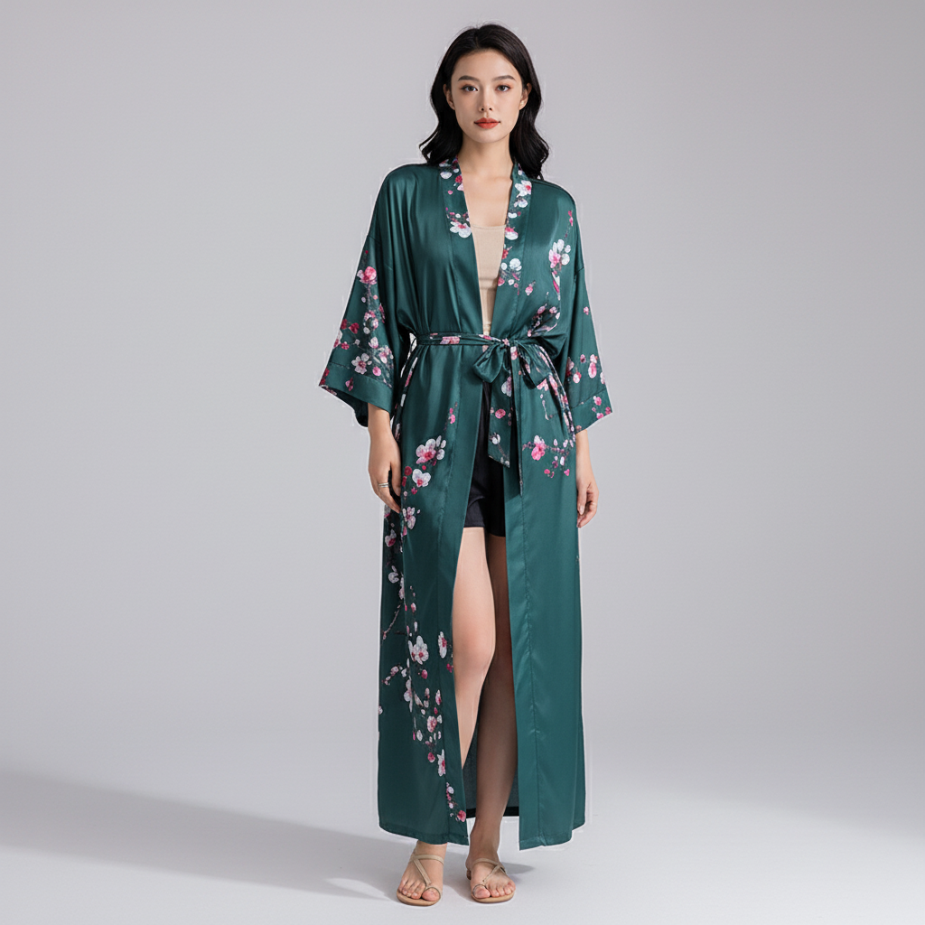 Langer floraler Kimono-Bademantel mit Dreiviertelsärmeln