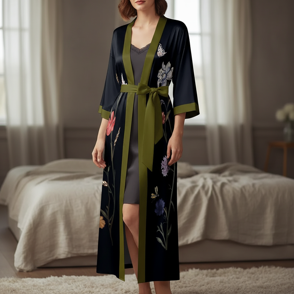Langer floraler Kimono-Bademantel mit Dreiviertelsärmeln