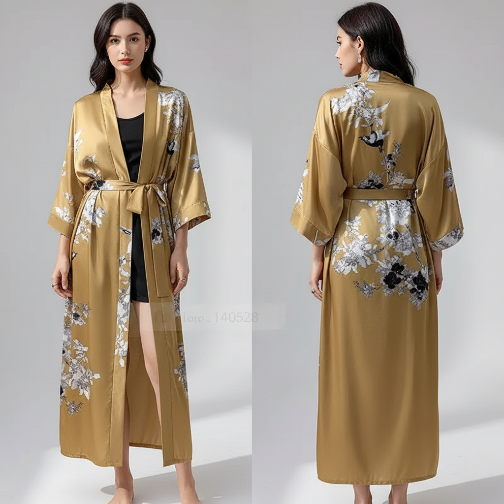 Langer floraler Kimono-Bademantel mit Dreiviertelsärmeln