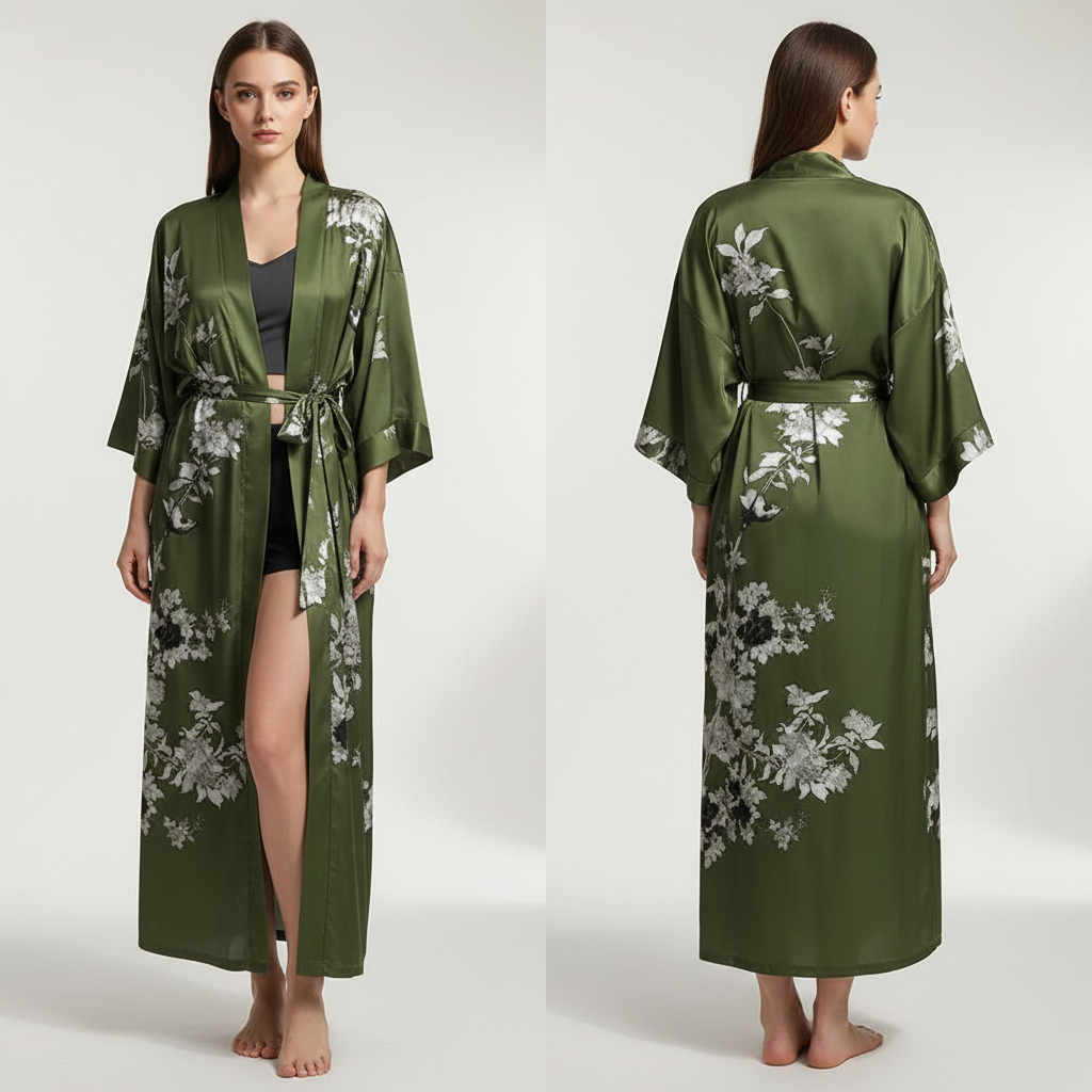 Langer floraler Kimono-Bademantel mit Dreiviertelsärmeln