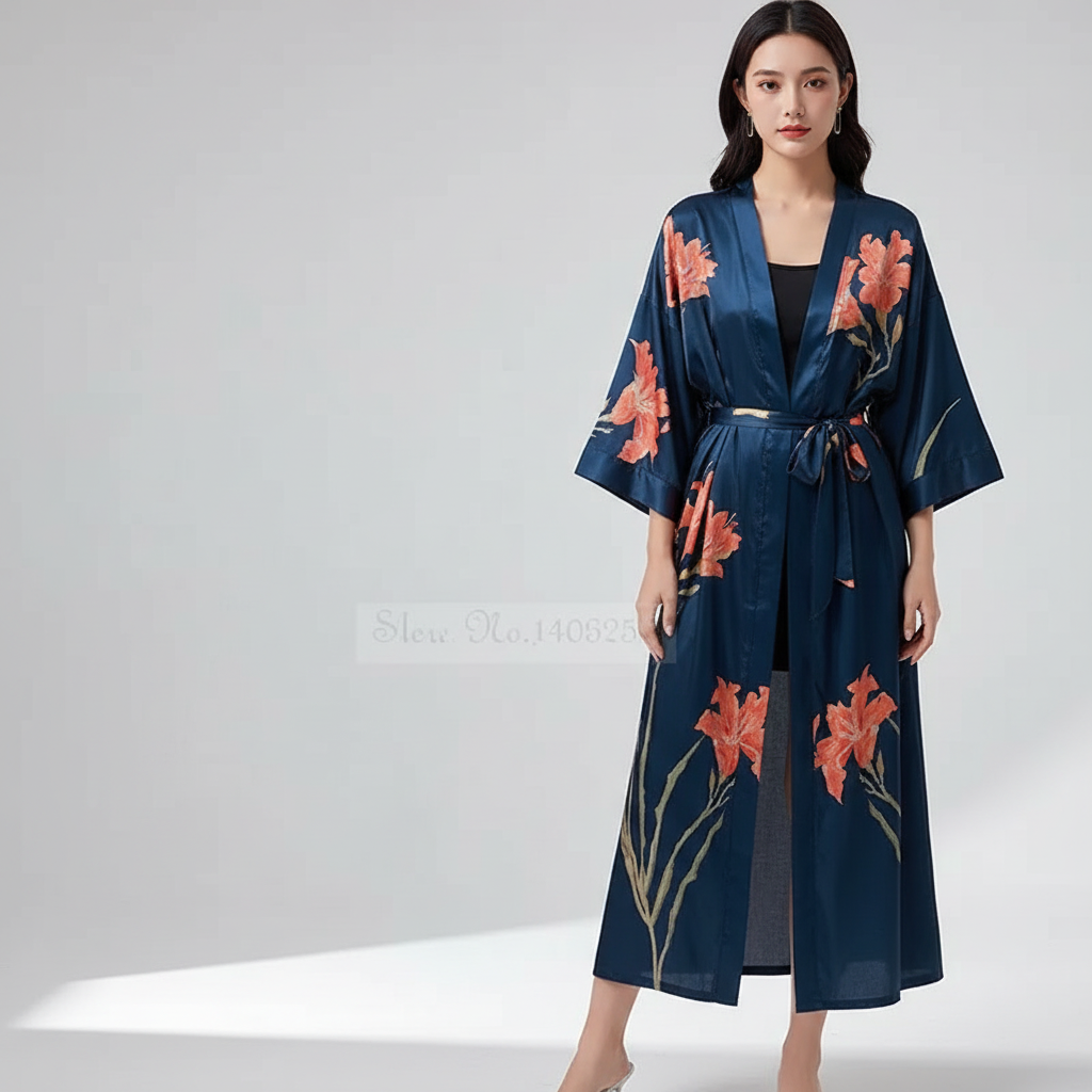 Langer floraler Kimono-Bademantel mit Dreiviertelsärmeln