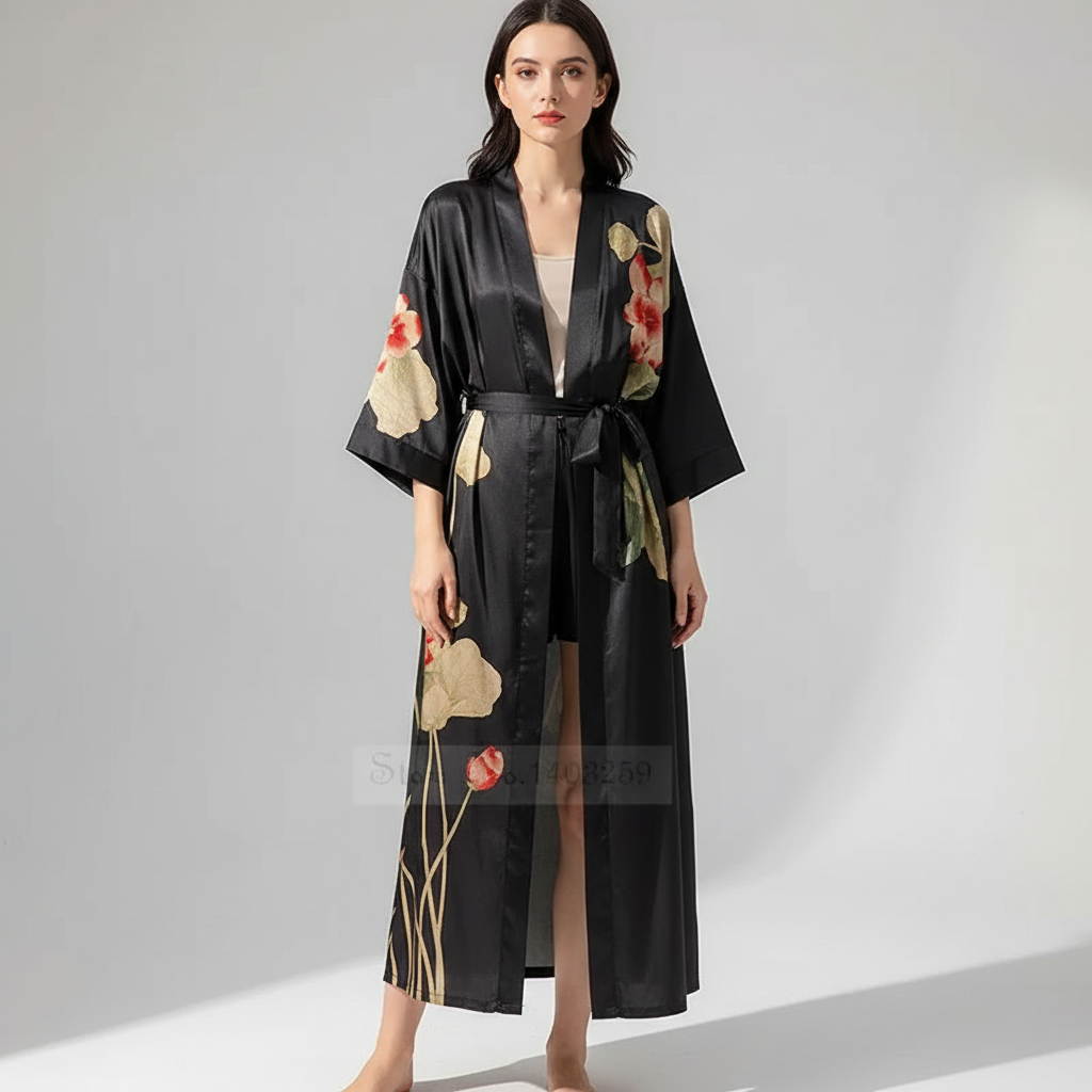 Langer floraler Kimono-Bademantel mit Dreiviertelsärmeln