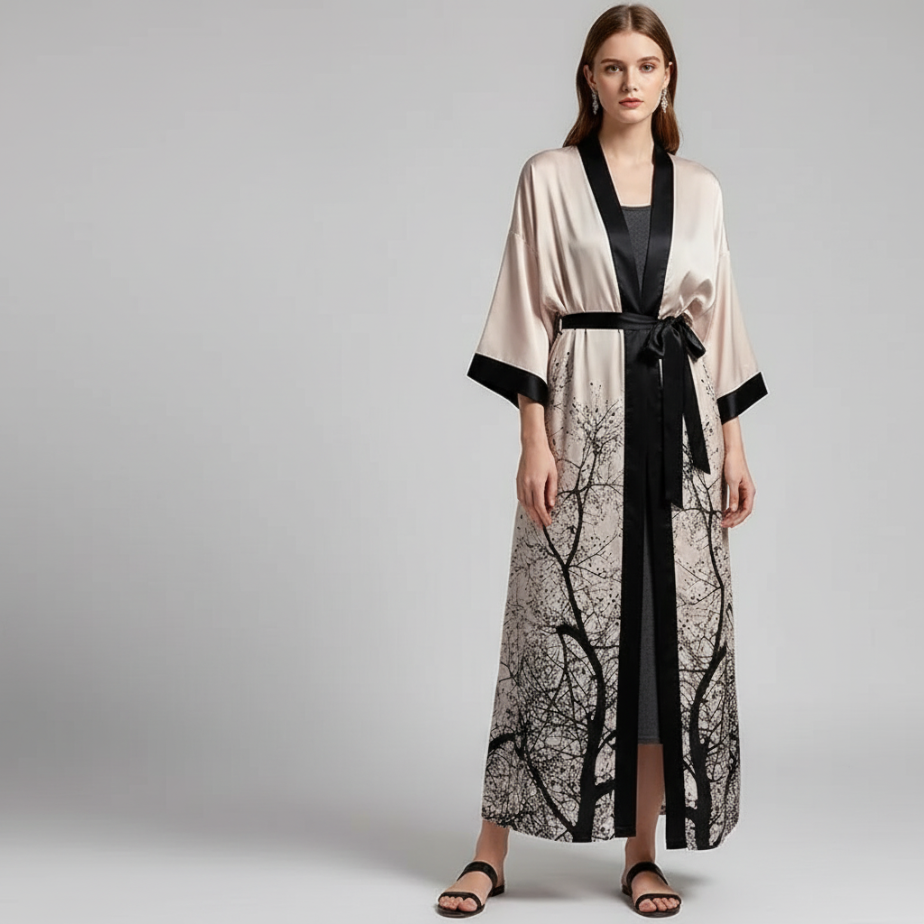 Langer floraler Kimono-Bademantel mit Dreiviertelsärmeln